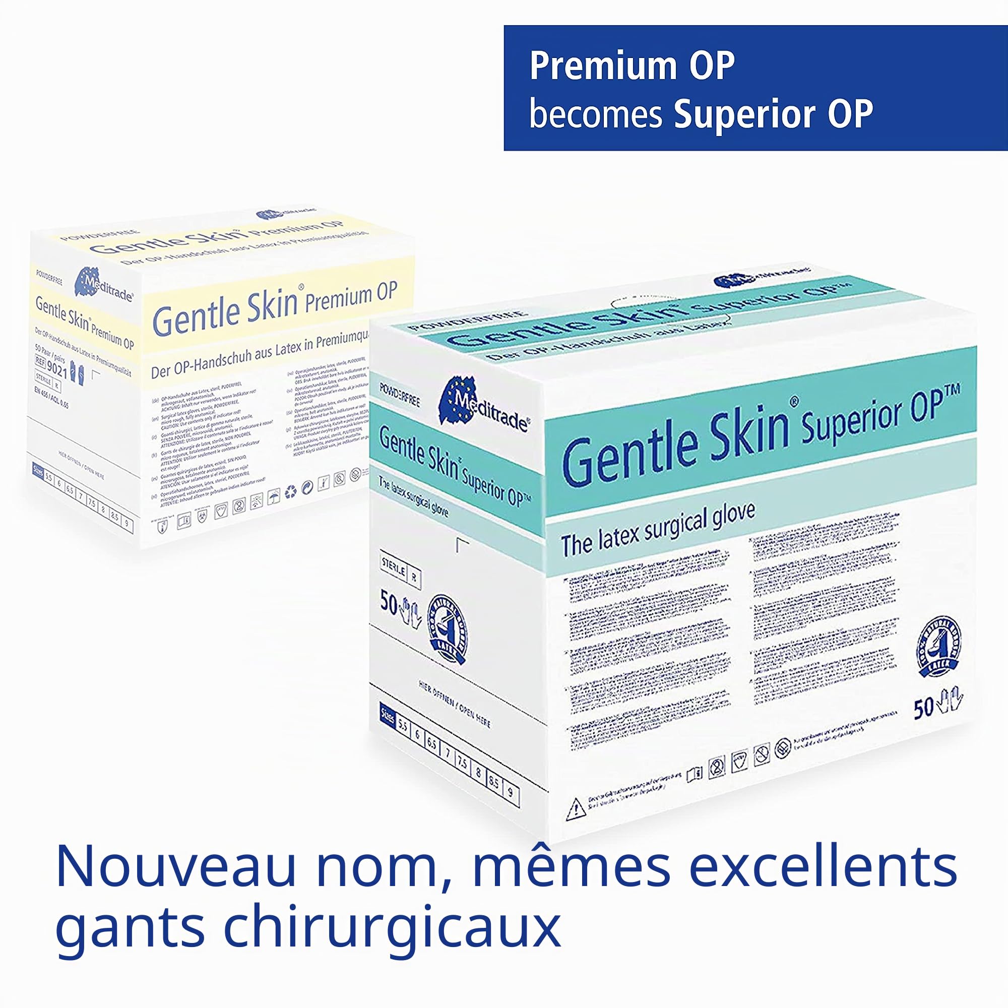 Meditrade 902185W Gentle Skin Premium Lot de 50 gants chirurgicaux en latex stériles non poudrés Taille 8,5