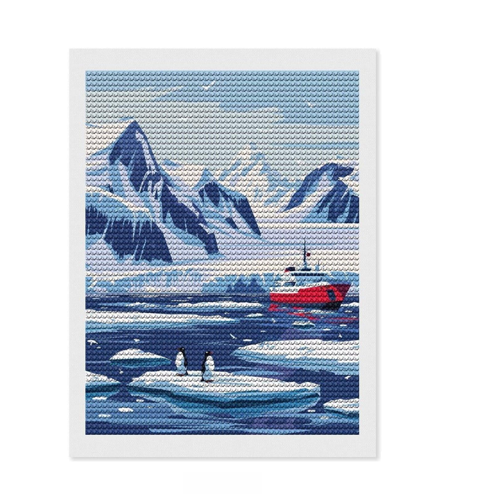 Junmoney Antarctica Landscape with Penguins Round Drill Diamond Painting 12"x16", for Adults, Stress Relief Craft, Artistic Hobby, Aesthetic Room Decor