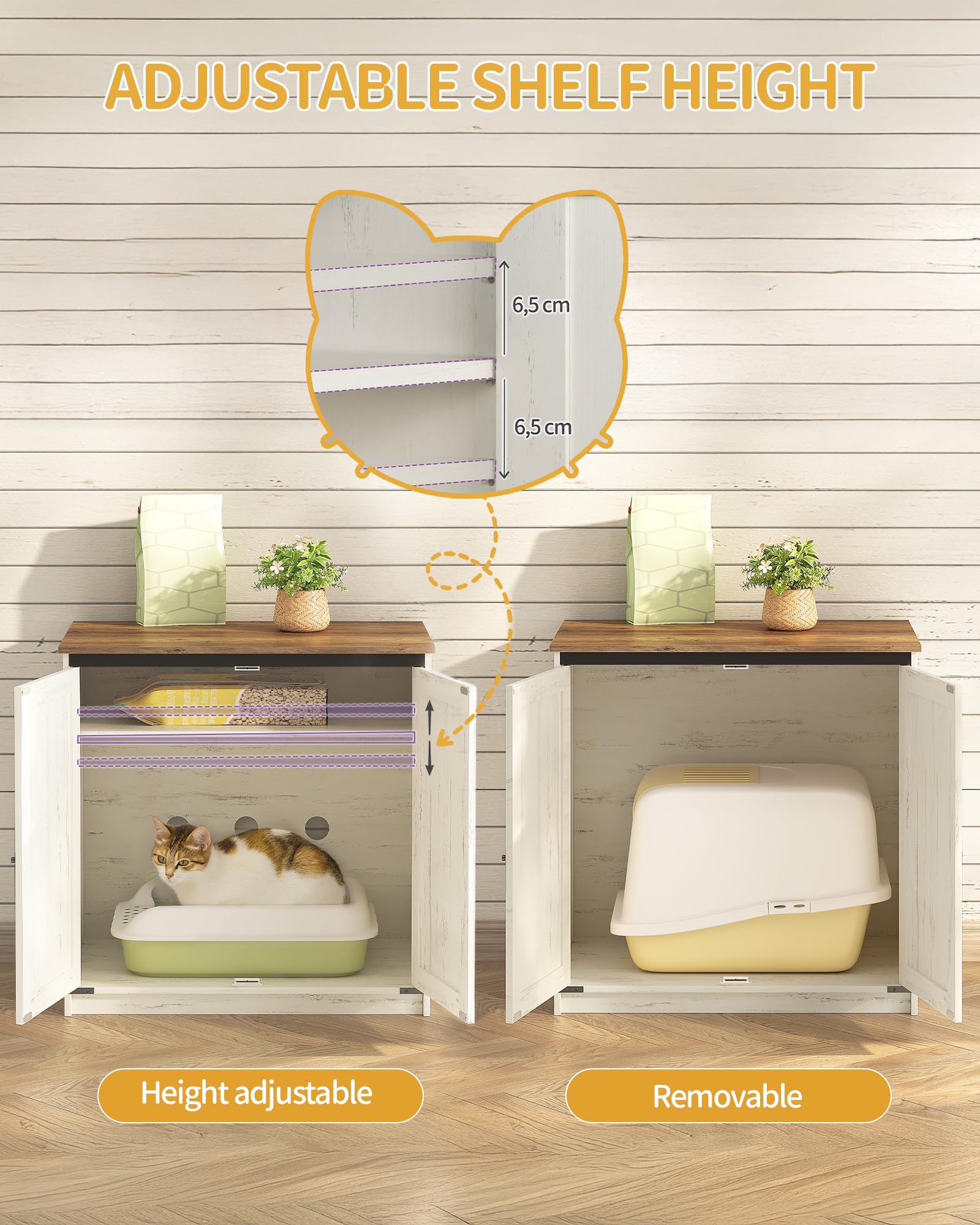 Hzuaneri Cat Litter Box Enclosure Enclosed, Hidden Litter Box Furniture Cabinet Large, Wooden Indoor Cat House with Adjustable Shelf for Top Entry Litter Box, Farmhouse Rustic Brown and White CB85414X - image 5