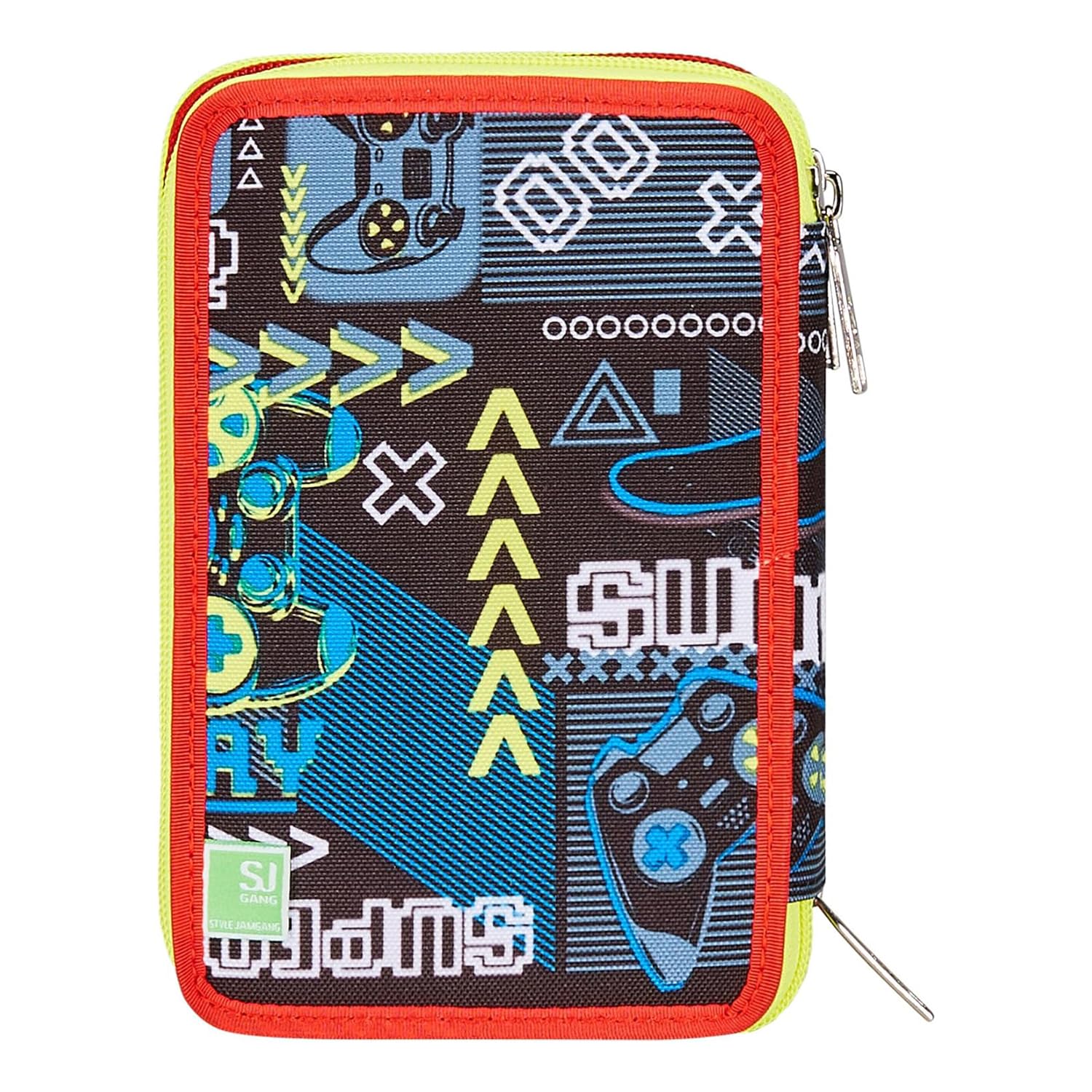 SJ GANG STYLE JAM GANG Astuccio Scuola 3 Zip, Nero, Rosso, FunnyGoal, Portapenne Triplo Scomparto Completo Di Penne, Matite, Colori, Accessori Zaino, Elementari, Medie, Bambino