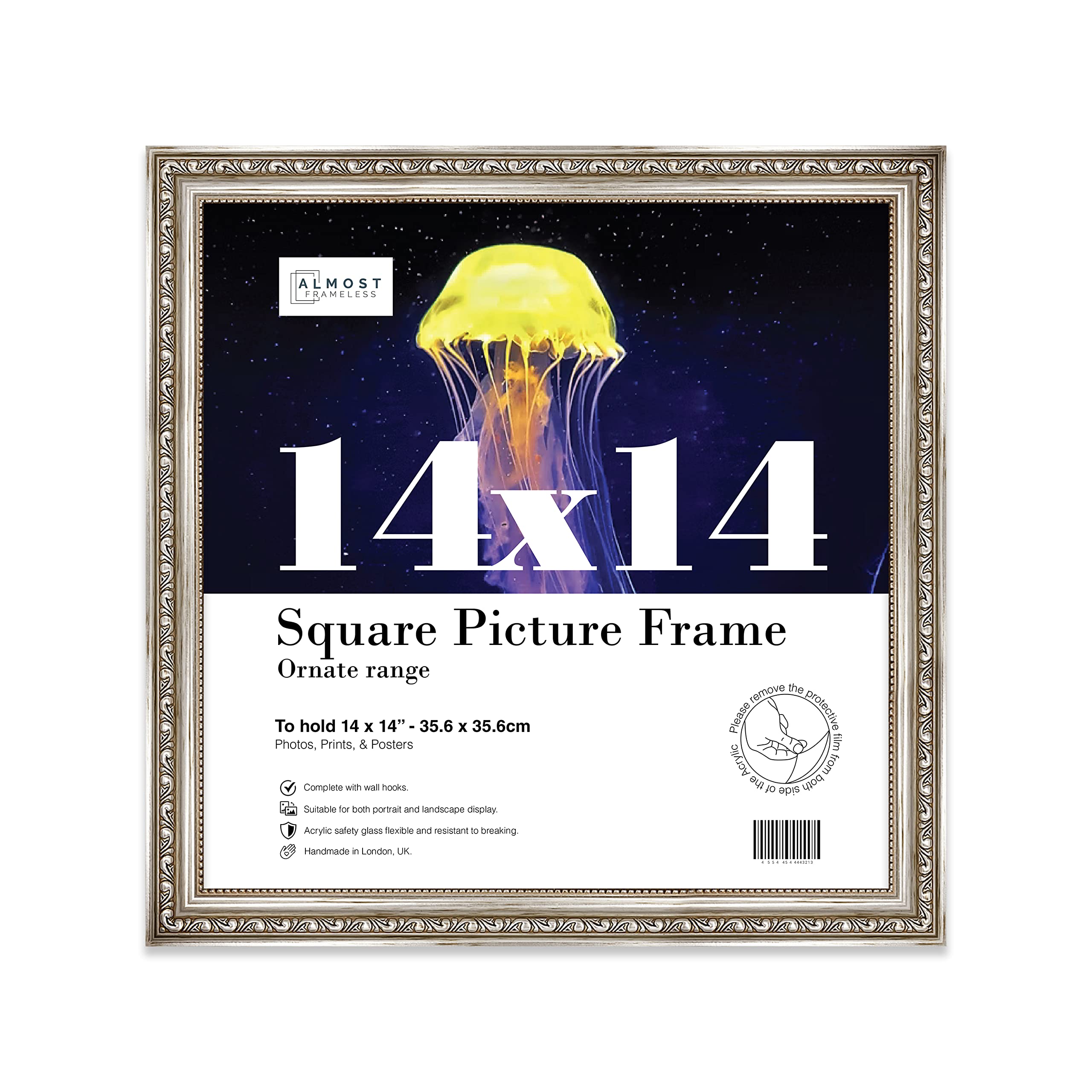 Almost Frameless Silver Picture Frame 14X14 Silver Ornate Picture Frame 14"X14"(35.6X35.6cm) Poster, Photo, Artwork, Or Print. Opulent Style Portrait And Landscape Display With Wall Hooks