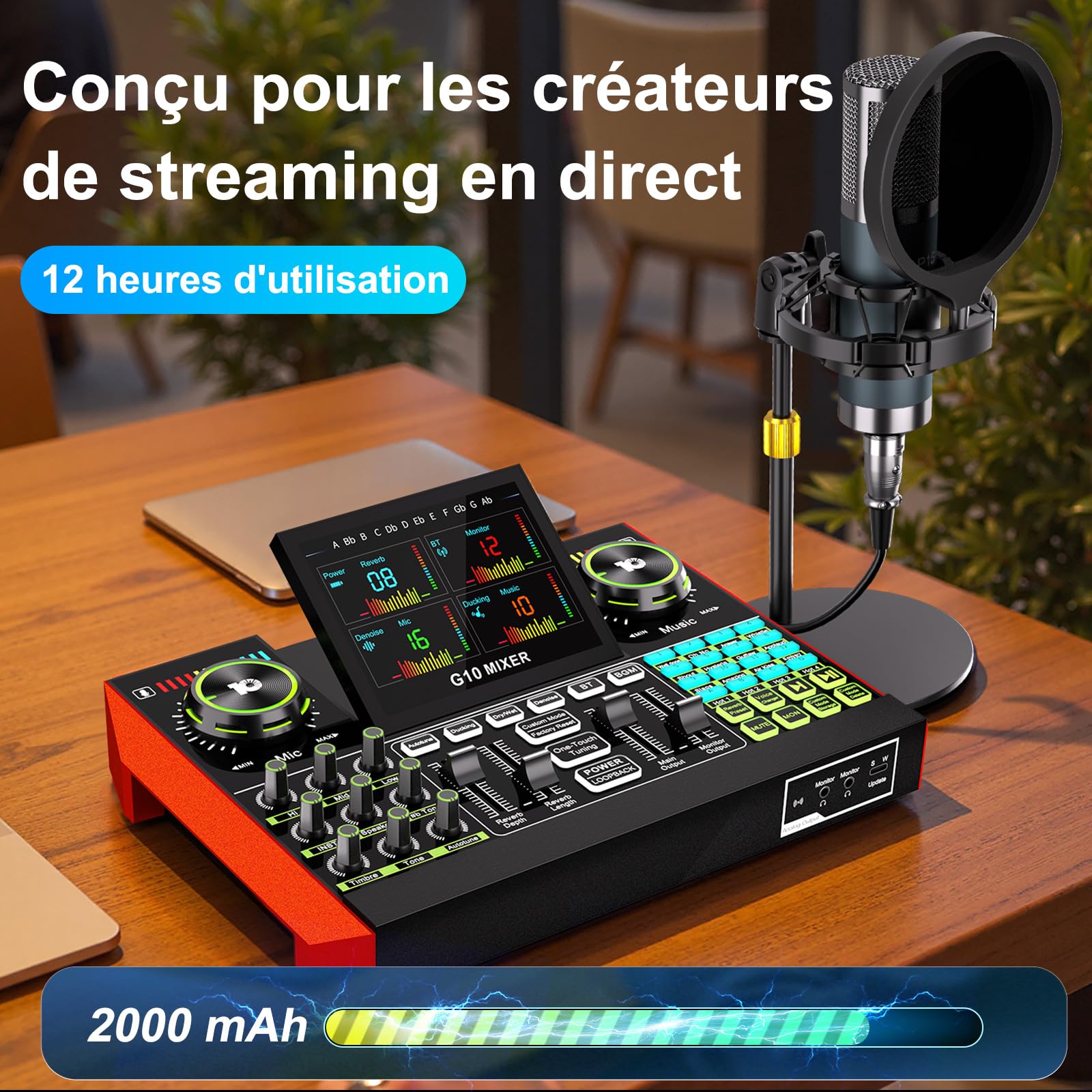G10 Kit Podcast avec Micro Condenseur P15 et Table de Mixage Live Sound Board - Changeur de Voix, Réduction de Bruit, Mode Follow Singing Karaoké pour Streaming, Gaming, Chant, Podcast Débutant