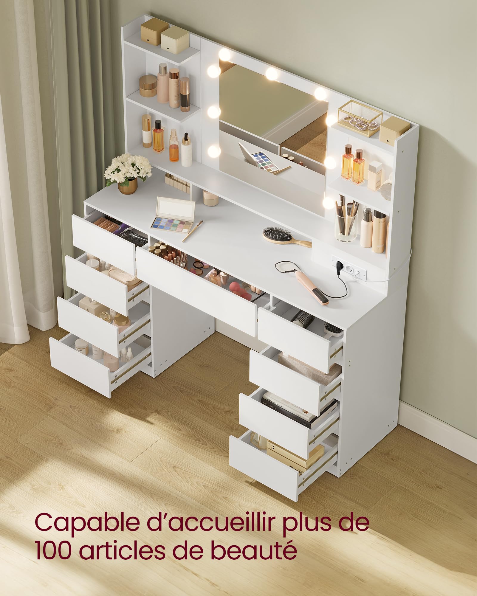 VASAGLE Kailyn Collection - Coiffeuse avec Miroir LED, Multiprise, 9 Tiroirs, 9 Ampoules, Rangement Bijoux, Éclairage 3 Couleurs, Installation des Rails sans Outils, Blanc Nuage RDT141WB02
