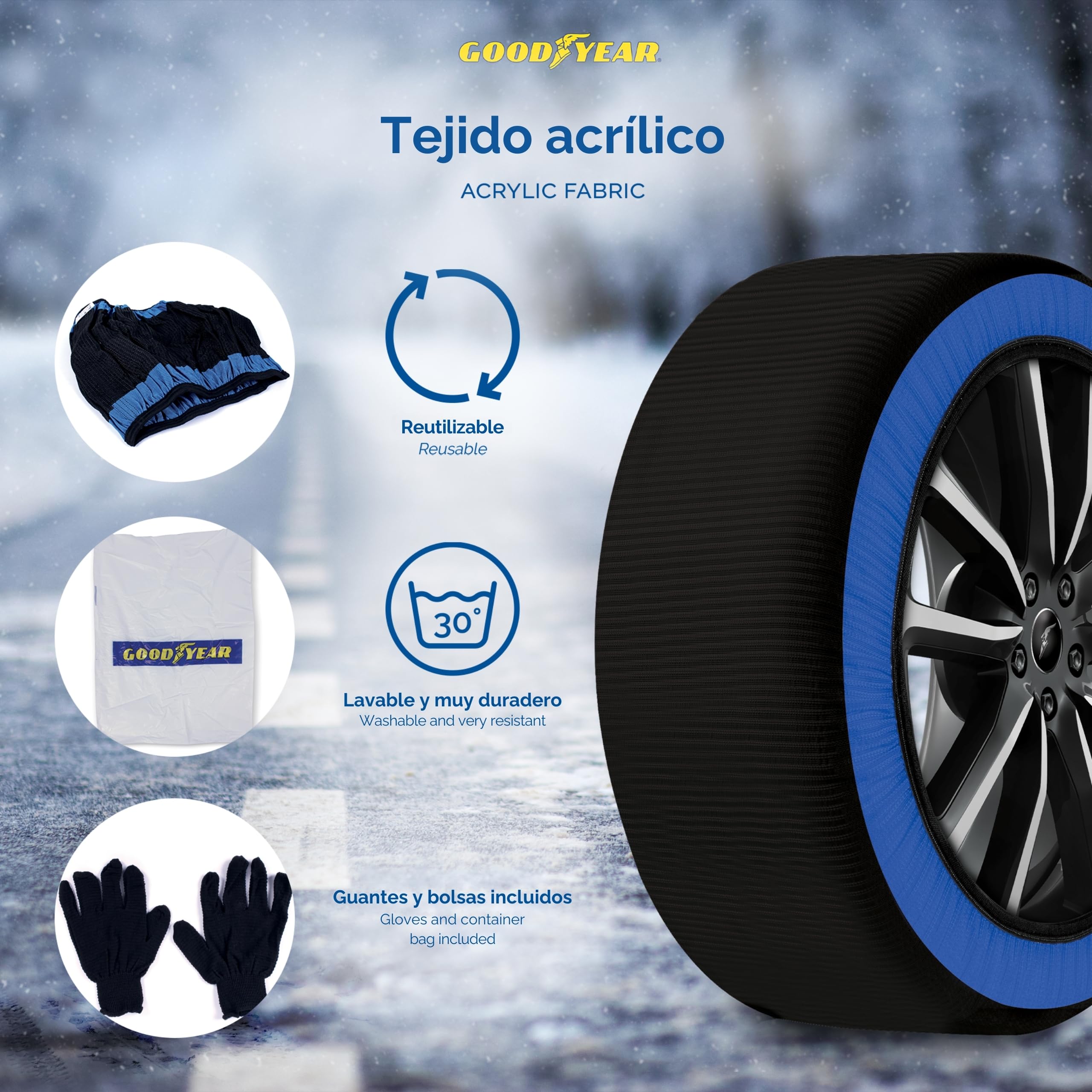 Goodyear Calcetines de nieve GoodYear Star Gripper homologados Italia EN 16662-1:2020 dos cadenas de nieve de tela para coche. Snow Sock Talla XL