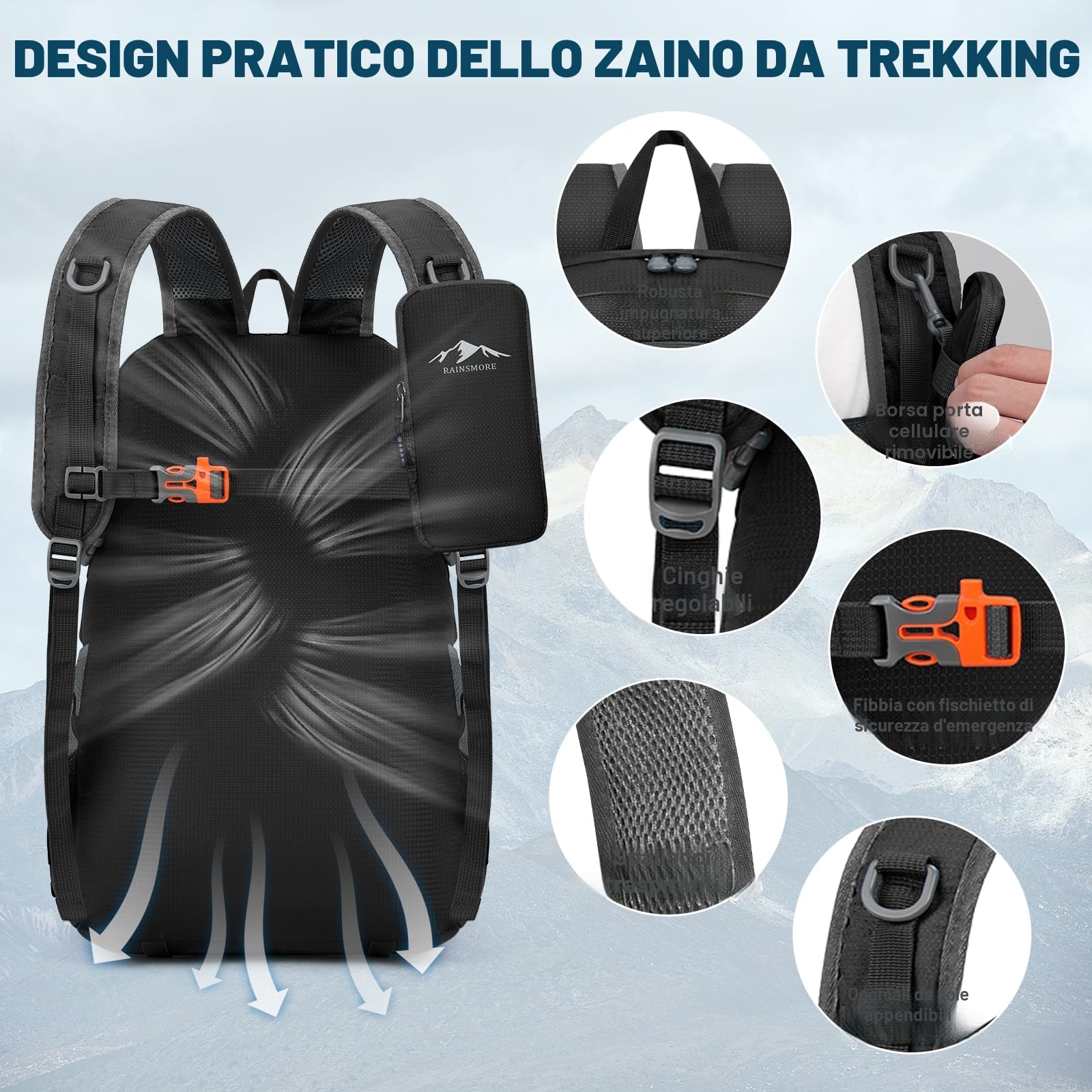 RAINSMORE Zaino Trekking 40 Litri Impermeabile Ultraleggero Pieghevole | Zaino Montagna per Escursionismo Alpinismo Equitazione Campeggio Viaggio e Sportivo