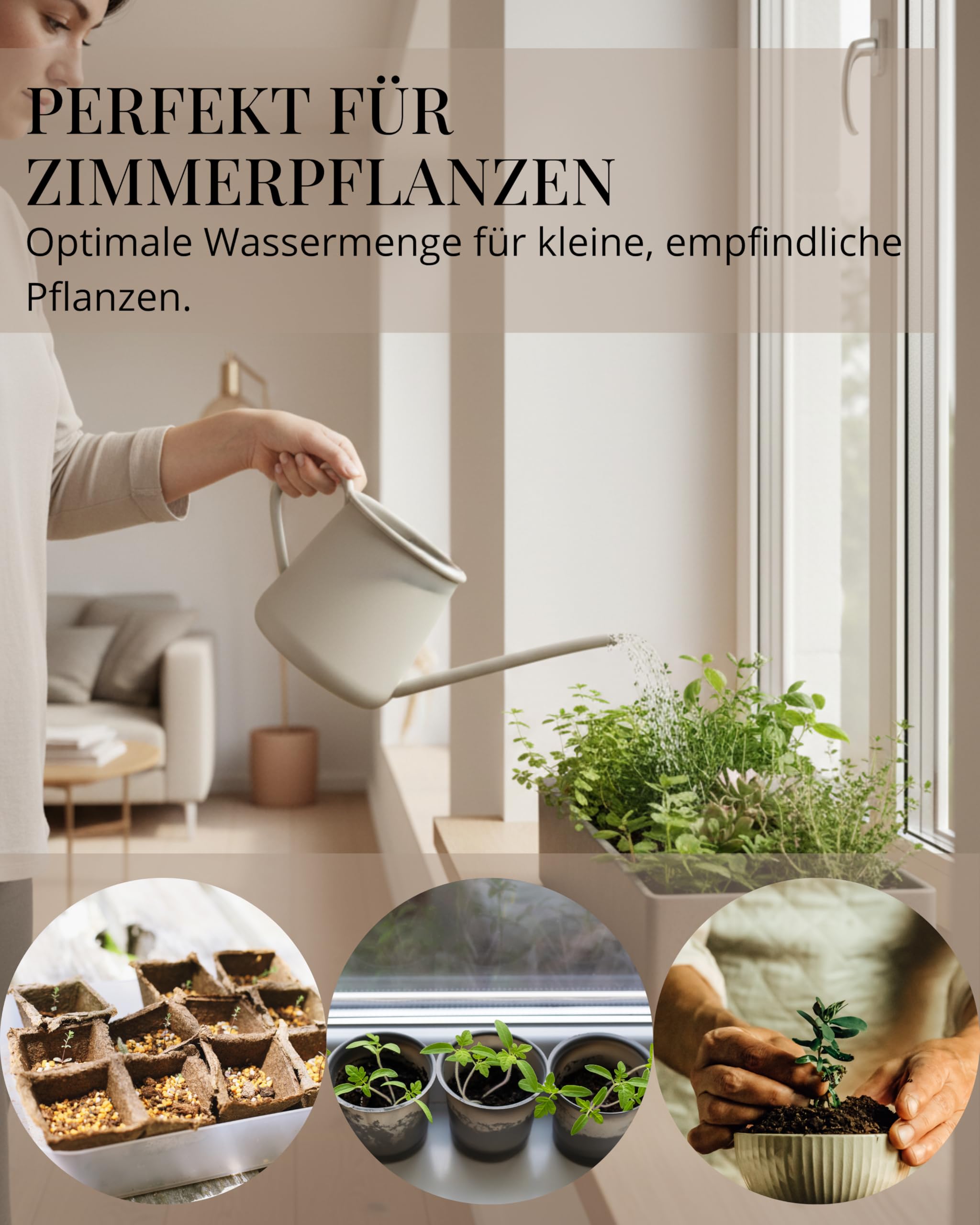 Livlig53 Gießkanne 1L, Gießkanne Zimmerpflanzen, Blumengießkanne mit extra langem Ausguss, Giesskanne klein für Topfpflanzen, Metallgießkanne in Greige