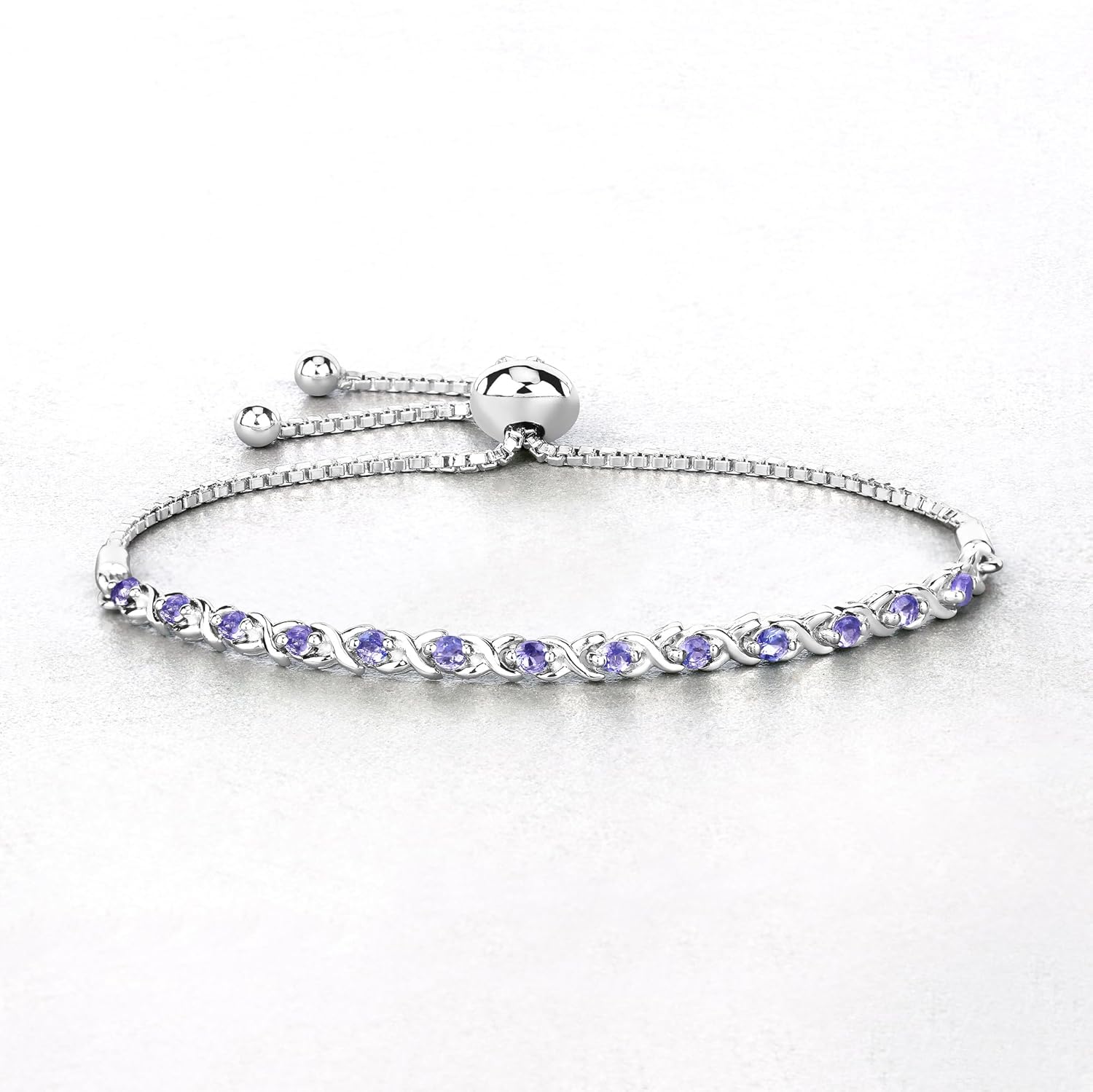 Tanzanite Bracelet, Natural Tanzanite Round Bolo Bracelet in .925 Sterling Silver, December Birthstone, Silver Tanzanite Bracelet (Adjustable Up to 10 Inch) for Women