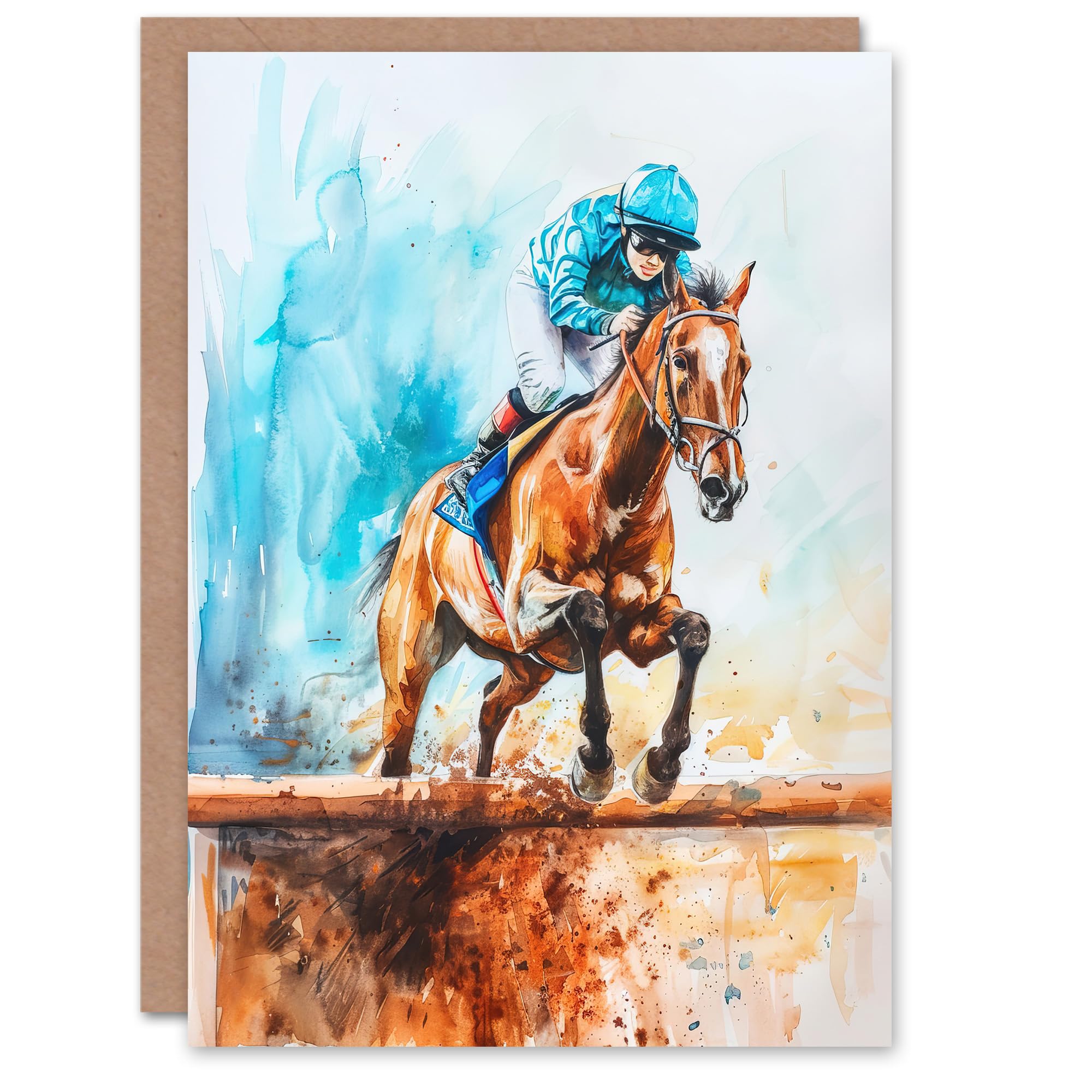 Artery8 Greeting Card Horse Jockey Jump Hurdles Obstacle Watercolour Blank For All Him Or Her Art Birthday Card
