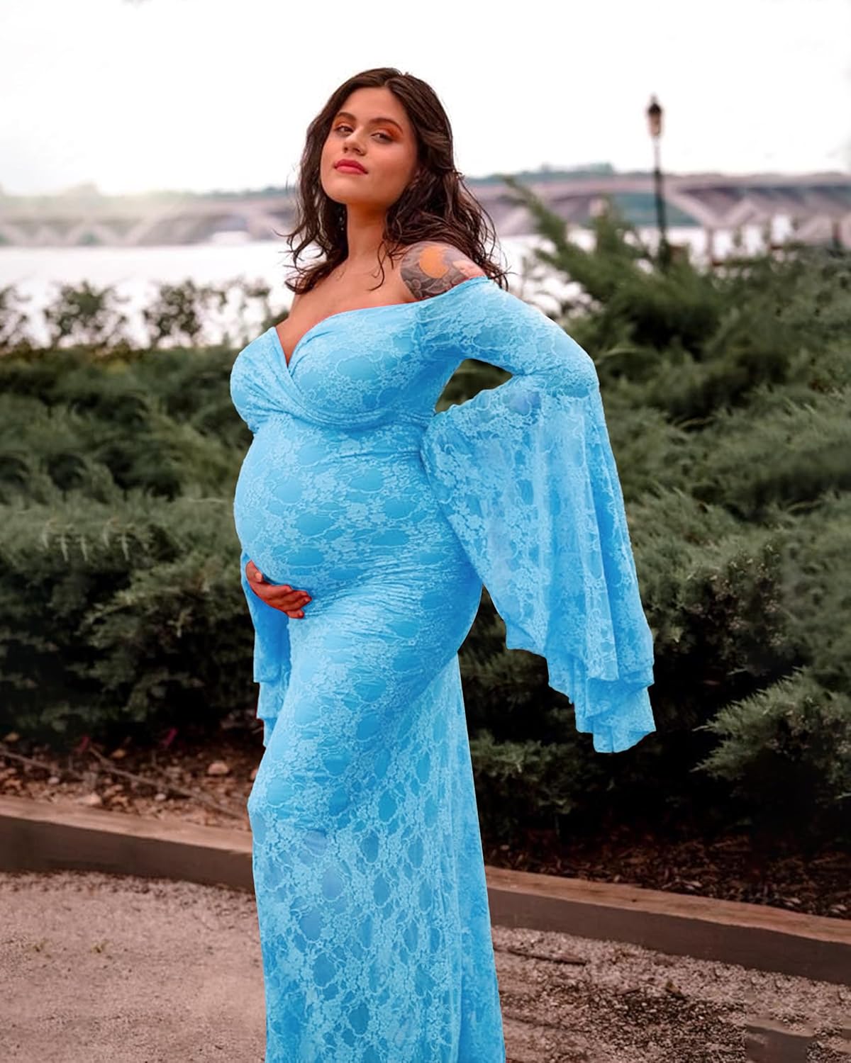 Saslax Off Shoulder Lace Maternity Dress for Photography Maxi Maternity Props Dresses for Photo Shoot Baby Shower Large Blue