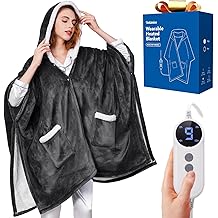 可穿戴加热毯 - 送给女性、妈妈、男士的舒适礼物|可翻转法兰绒和夏尔巴电动包裹,带口袋和兜帽,6 个加热级别,1-4H 定时器,ETL 保险箱,机洗,50"x70"灰色