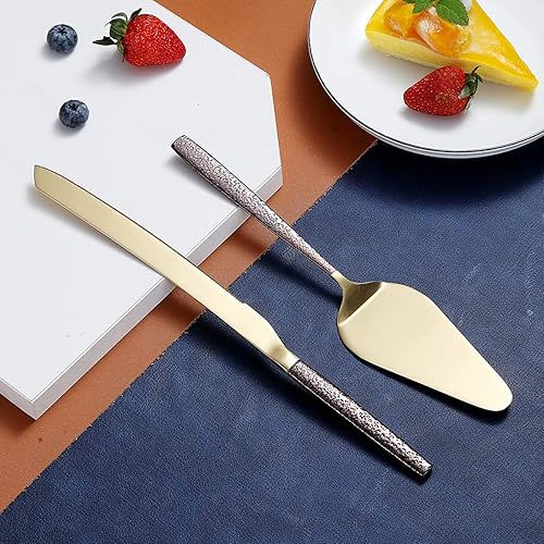 Miniatura 3 de Berglander Juego de cuchillo y servidor para pastel de boda con mango de superficie de luna y cabeza dorada brillante, cortador de tartas, juego de