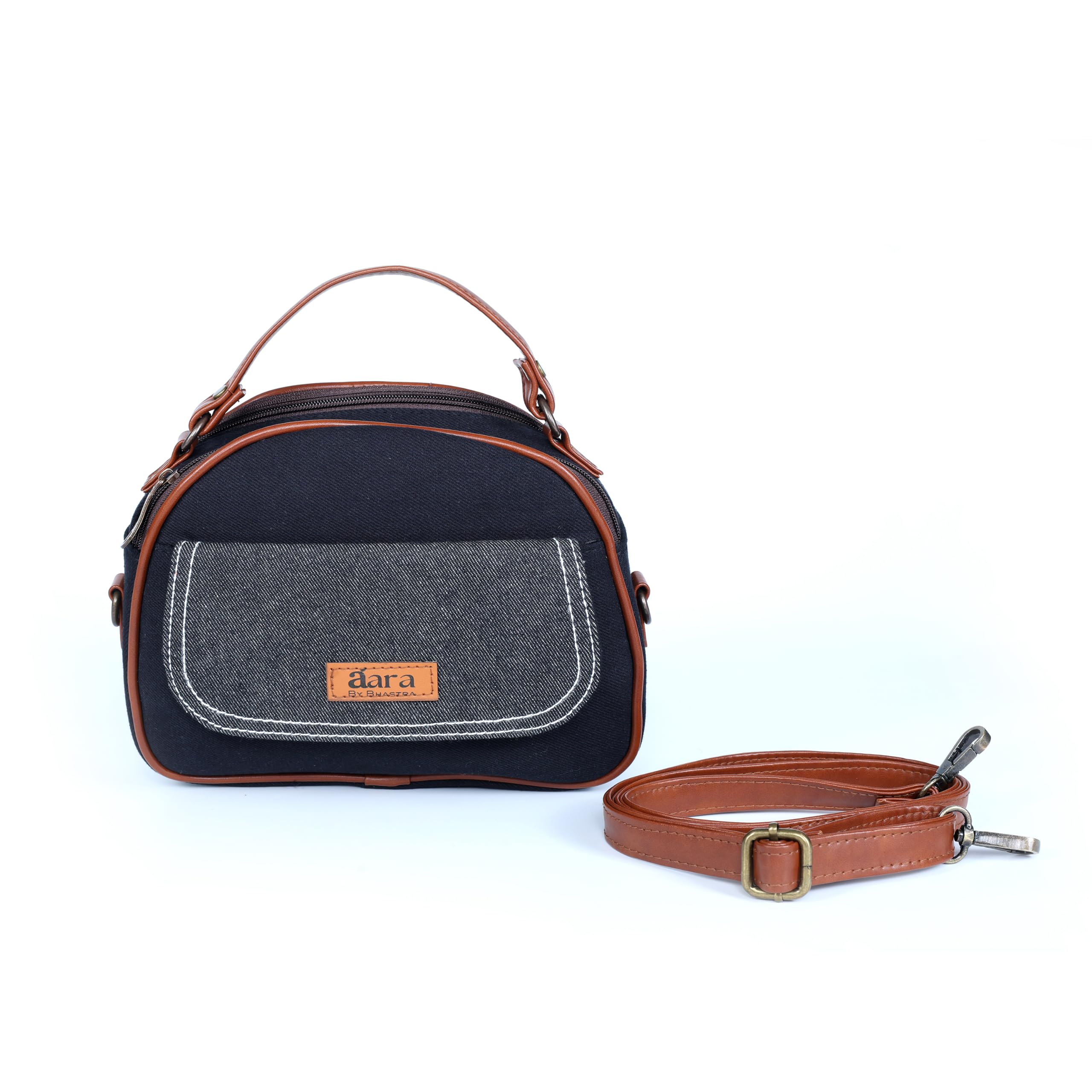 Orbit Sling Bag | Premium Denim & Vegan Leather Crossbody Bag | Compact Travel & Everyday Sling with Dual Zip Compartments,Pocket & Adjustable Strap for Men & Women - Black-picture-14