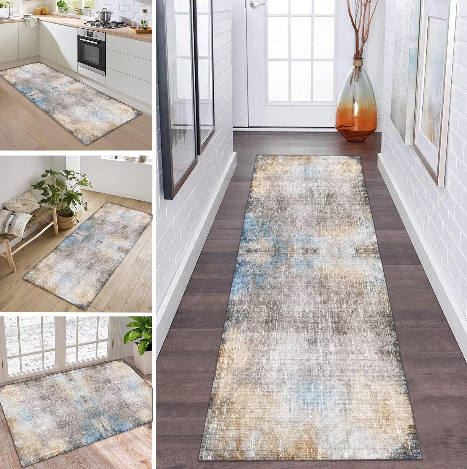 Tapijtloper voor gang, keuken, antislip, wasbaar, tapijtmatten, modern design, keukenloper, vintage, grijs, blauw, 120 x 100 cm, keukentapijt, per meter, eetkamer, slaapkamer, woonkamer, vuilvangmat