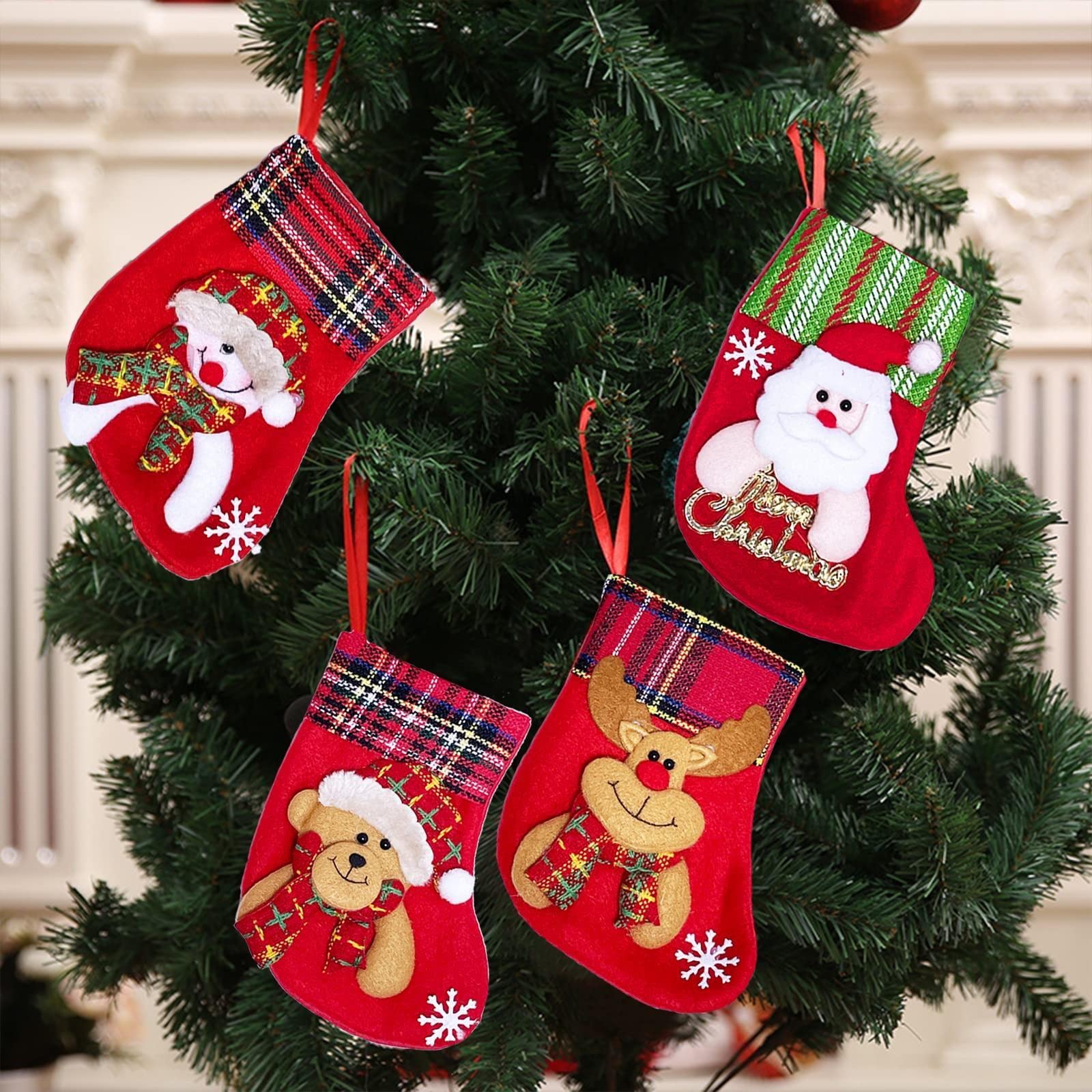 Lot De 4 Bas De Noël Verts En Fausse Fourrure à Suspendre