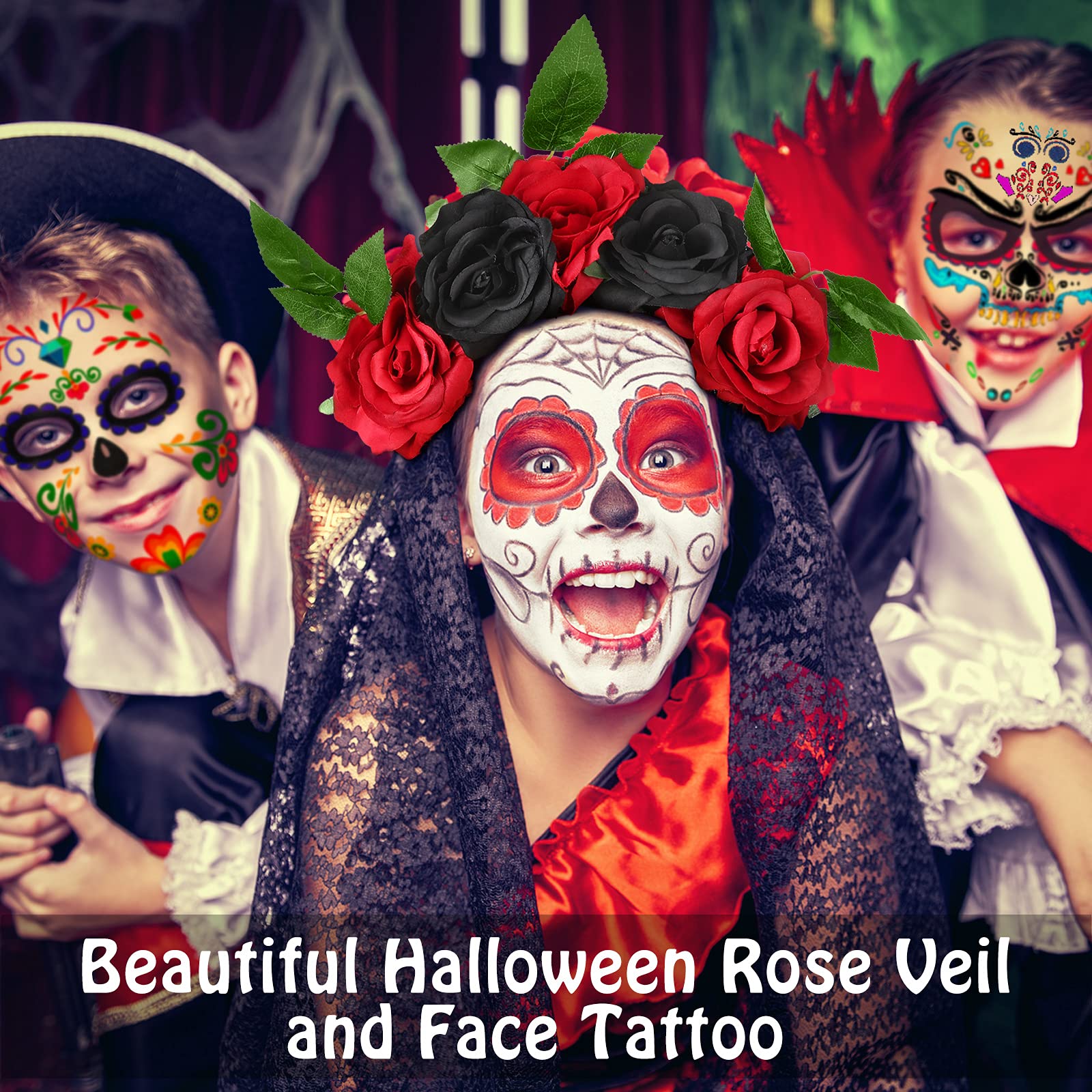 Masque Dia De Los Muertos Dia De Los Muertos Serre-Tu00eate Avec Roses Pour Halloween, Couronne De Dia De Los Muertos Serre Tete