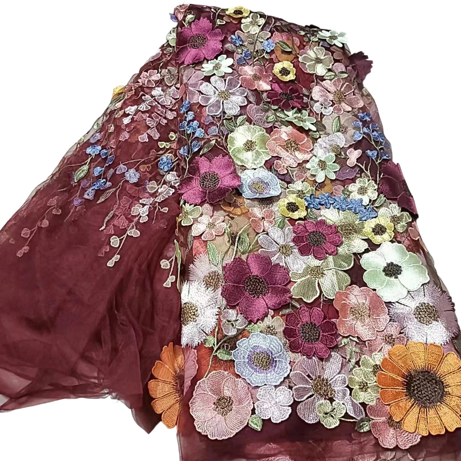 3D Embroidered Flowers Lace Fabric, 130 * 91cm Vintage Lace Fabric Embroidery Applique Ribbons for DIY Wedding Dress Craft Home Decor (K)