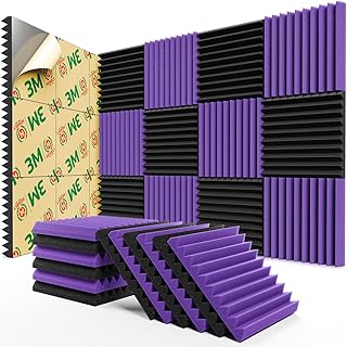 12 Pack Sound Proof Foam Panels for Walls,Self-Adhesive Foam Acoustic Panels Sound Absorbing,High Density Quick-Recovery Soundproof Wall Panels 12" X 12" X 1"-Black and Purple