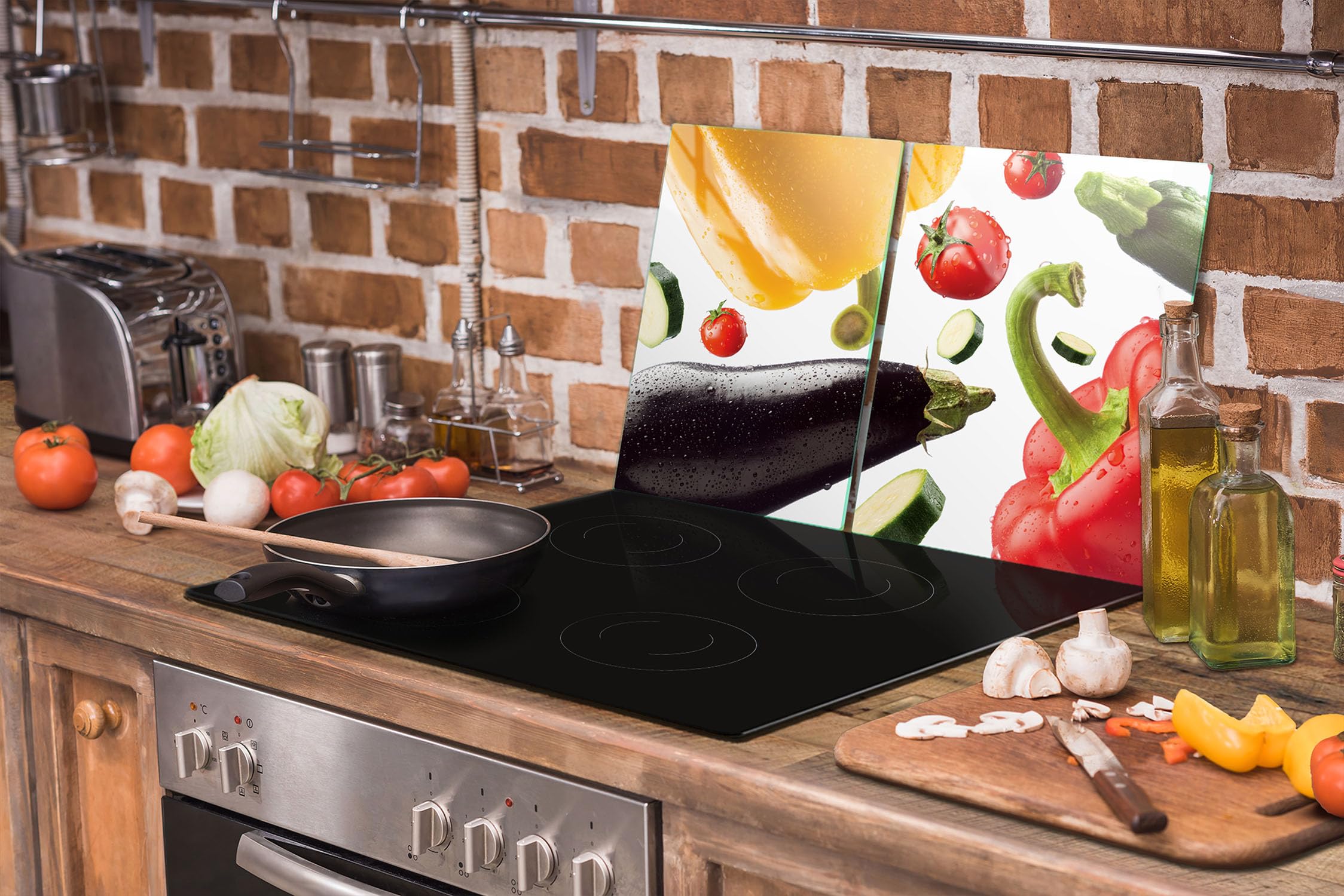 TMK ArtDeko Tabla De Cortar Decorativa De Cristal Templado Y Cubre Vitro, Placa Protectora De Vitrocerámica 75 X 52 Cm 2 Piezas, Para Inducción, Protección Contra Salpicaduras, Verduras