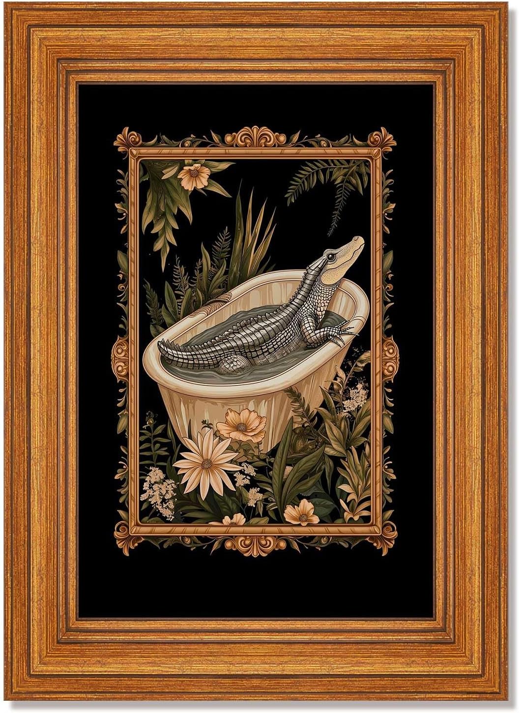 Golden Framed Raised Crocodile Bath Tub Poster Vintage Botanical Canvas Wall Art Luxury Reptile Prints Painting For Move To New House Home Bedroom Dorm wall Decor 24x36in Golden Framed Raised