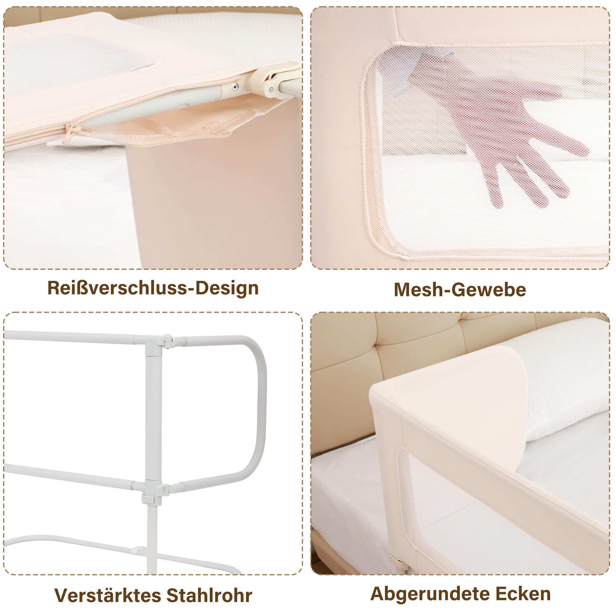 Rausfallschutz Bett Reise 185cm, 2-IN-1 Funktion als Baby Beistellbett und Bettgitter Baby, Rausfallschutz Bett Klappbar, Tragbar Bett Schutzgitter für Kinder, Kinderbettschutzgitter für Reisen- Creme