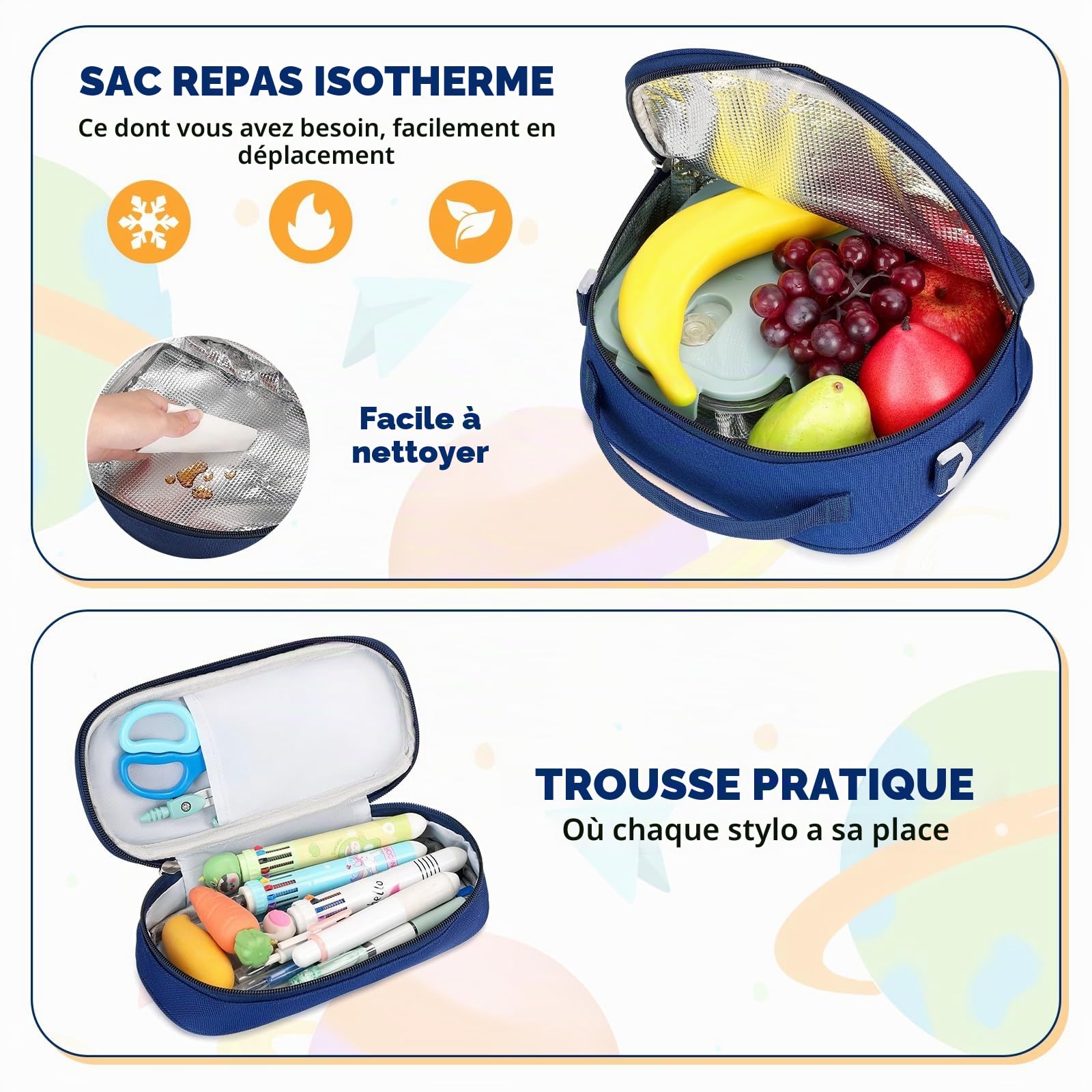 Amythe Cartable Garçon 8-12 Ans CE1 CE2 CM1 CM2 - Sac à Dos École Primaire avec Lunch Bag Trousse - Léger Imperméable avec Ruban réfléchissant – Idéal Rentrée Scolaire - Bleu