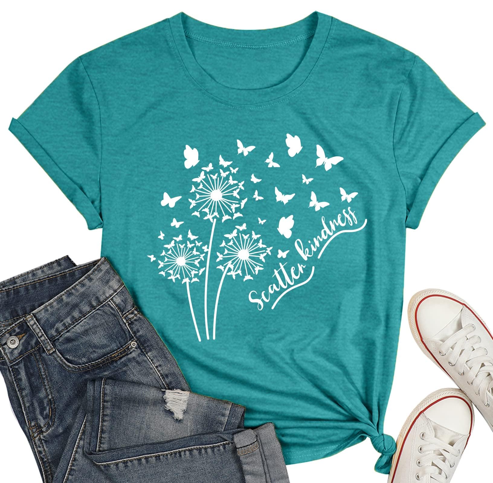Womens Dandelion Shirts Boho Flower Graphic Tee Scatter Kindness T Shirts Casual Summer Floral Tops