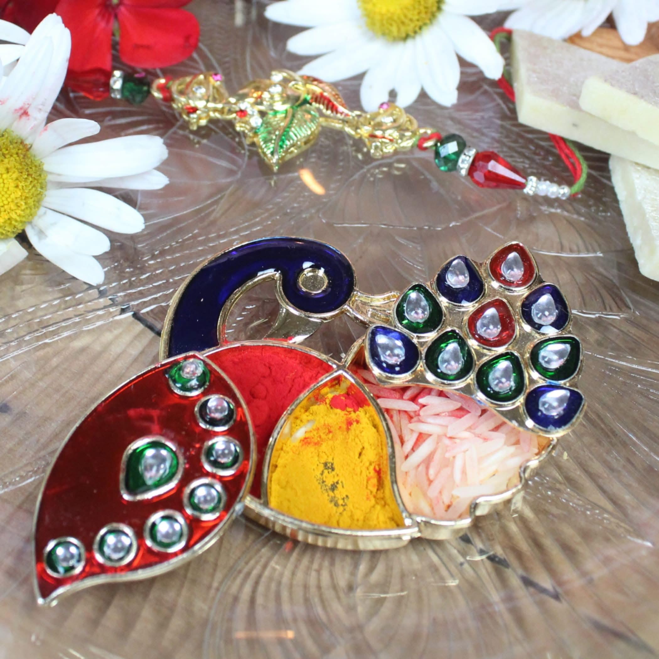 LOVENSPIRE Decorative Bulk Peacock Haldi Kumkum Holder Roli Chawal/rice Holder Indian Festival Favor Diwali Rakhi Pooja Mandir Tika Platter Housewarming Gifts Pack Of 10