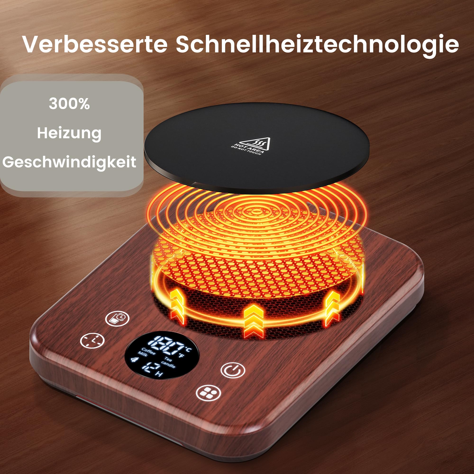 Calentador para Taza Inteligente 9 Niveles Temperatura 40℃-80℃ Apagado Automático 8 Horas Café Leche Té Madera