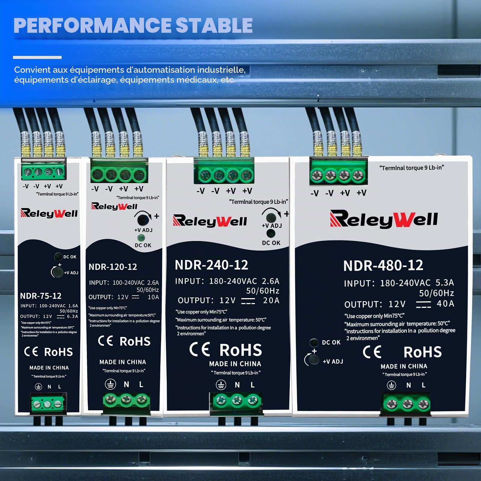 Alimentation pour rail DIN 12V, 120W, 10A ; transformateur 230v vers 12v led, rail DIN, alimentation 12 volts, transformateur de sonnerie, ReleyWell, NDR-120-12
