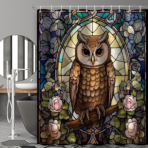 Miniatura 2 de YLATY4413 - Cortina de ducha de mapache para baño, diseño de hojas de flores, arte de cristal, bohemio, tela abstracta, moderna, impermeable,