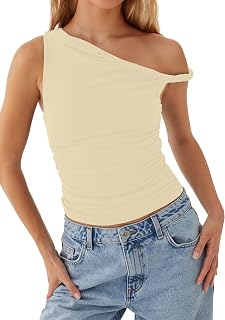 Women One Shoulder Ruched Crop Tank Tops Casual Off The Shoulder Twist Strap Summer Tanks Tops Going Out Crop Shirts