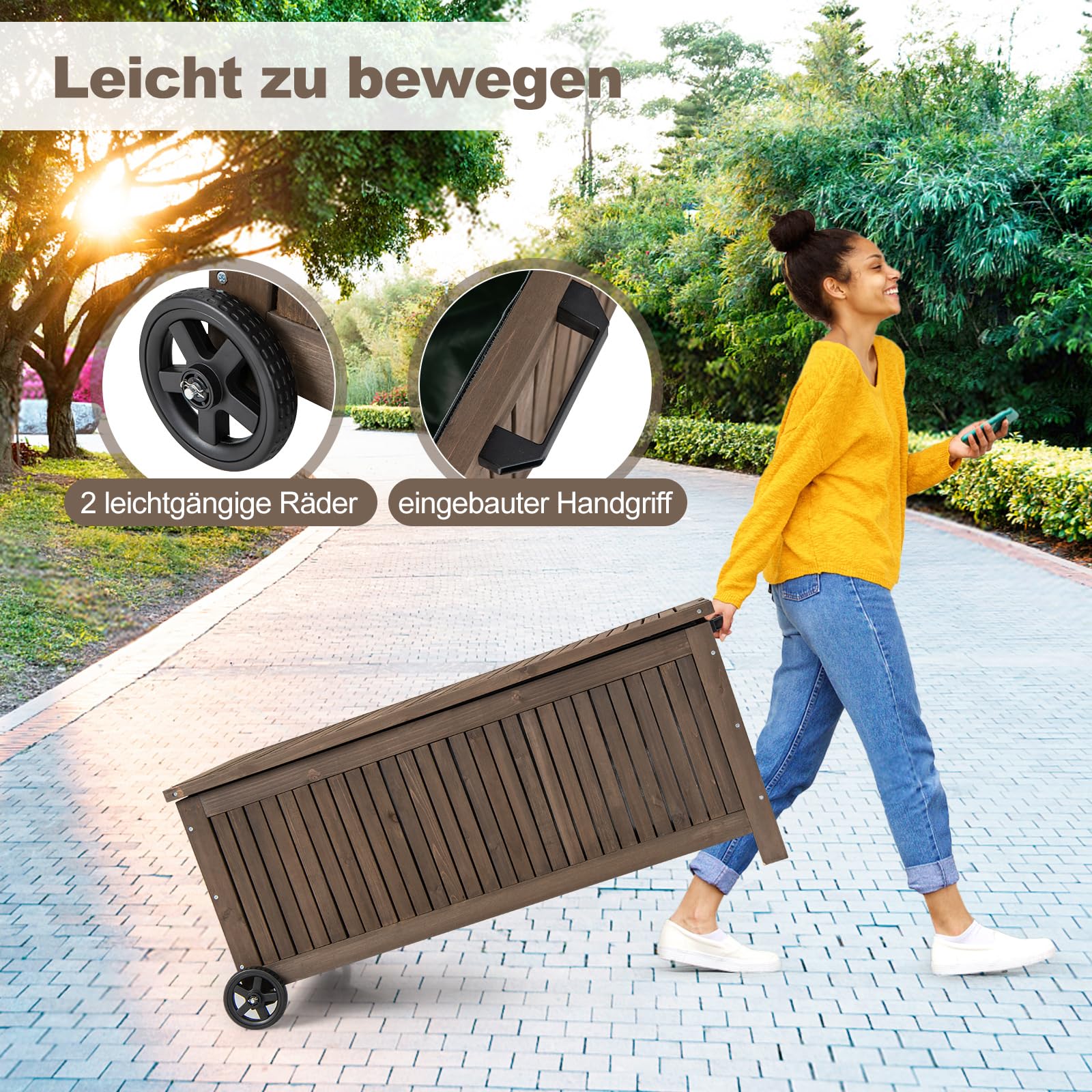 COSTWAY Gartenbox Holz 213 L, Aufbewahrungsbox mit Rädern, Kissenbox mit wasserdichter PE-Auskleidung, Auflagenbox mit Deckel & Griff, für Garten Terrasse, 114 x 58,5 x 51 cm, Braun