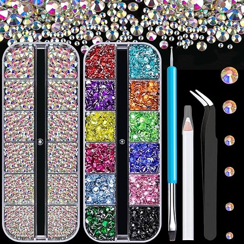 Diamantes de imitación para uñas, gema de manicura, piedras preciosas AB de cristal con parte trasera plana y cuentas de resina coloridas