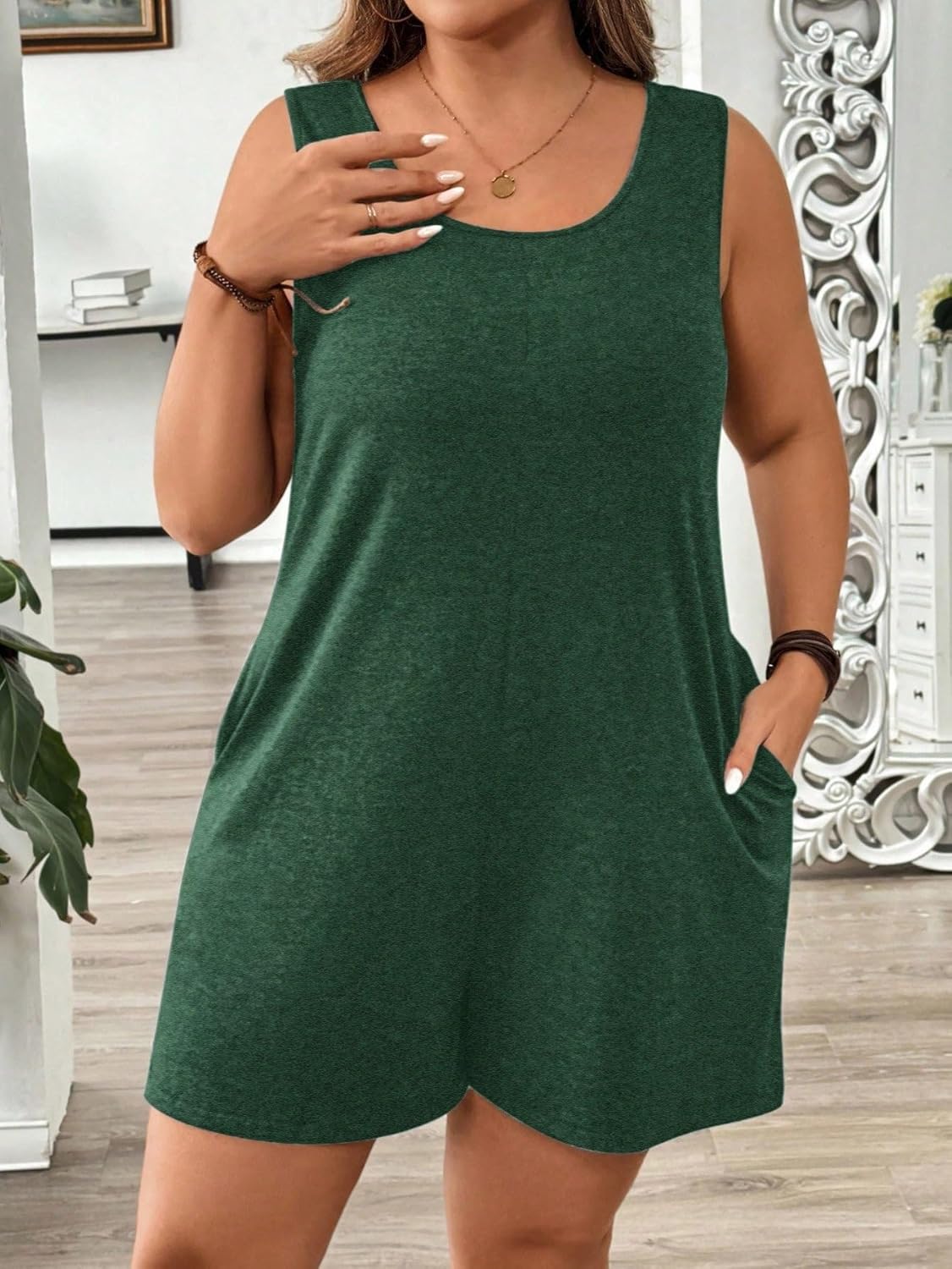 Rompers for Women Summer 2026 Plus Size Pocket Round Neck Casual Knit Sleeveless Romper Dress