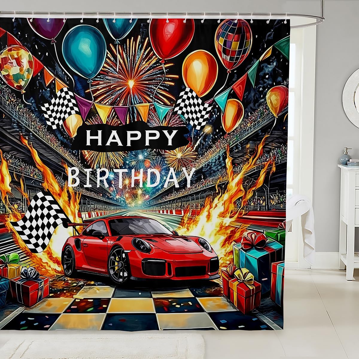 Erosebridal Race Car Birthday Shower Curtain 72" Wx72 L,Racing Flag Bathroom Shower Curtain,Party Decorations Waterproof Bathroom Curtains Cool Extreme Sports Competition Bath Curtains Plaid Decor