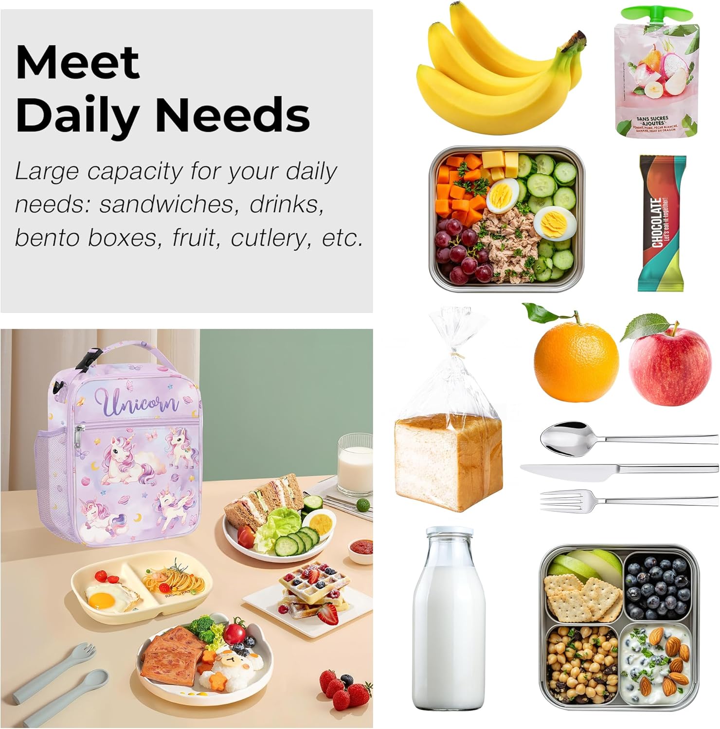 Clastyle Princess Insulated Kids Lunch Bag Large Thermal Cooler Bag for Girl Picnic School Toddler Lunch Box Tote,Purple Unicorn - Image 4