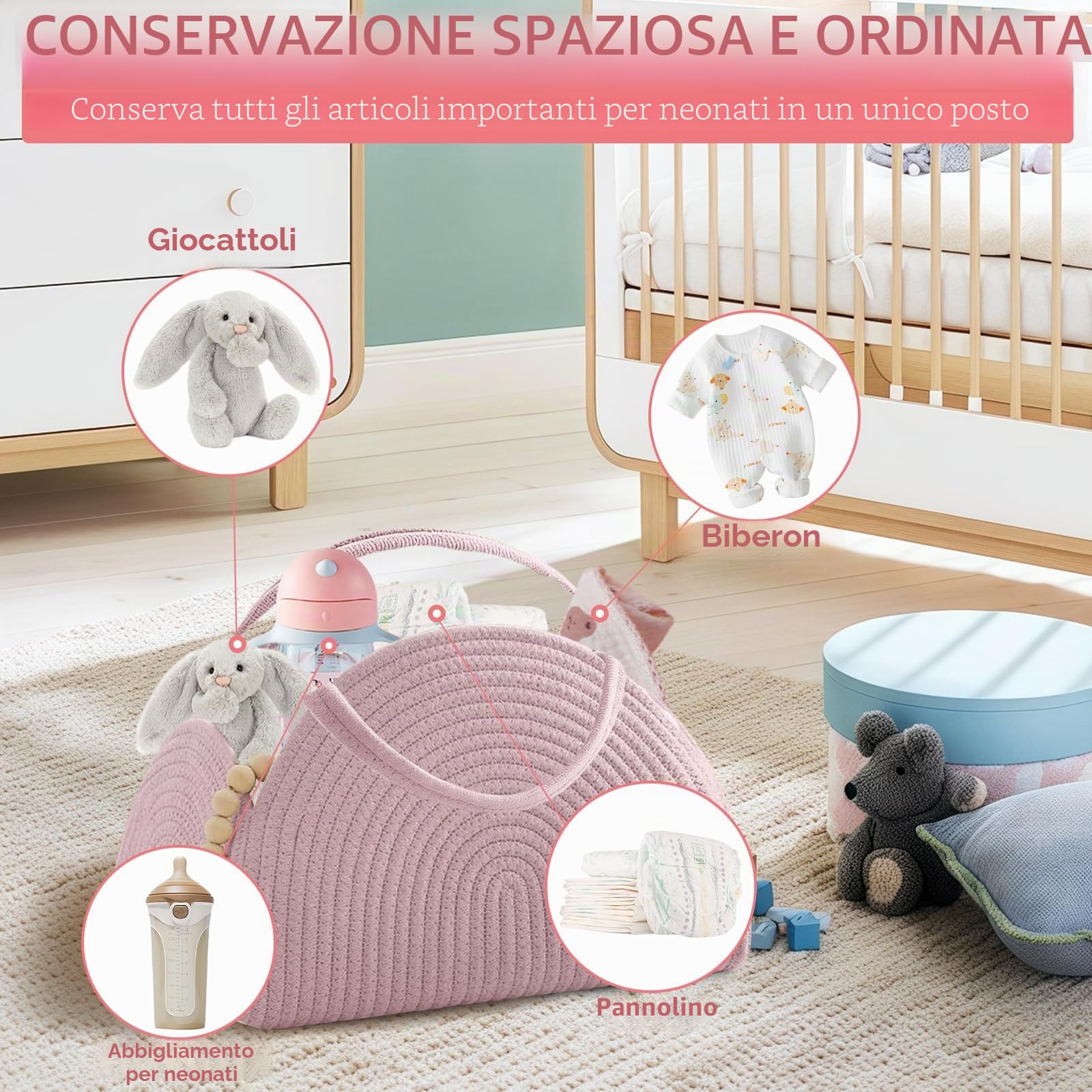 Organizer per pannolini, cestino per pannolini per bambini, cestino portatile per il fasciatoio, organizer con scomparti e maniglie, cestino in corda di cotone per baby shower (rosa)