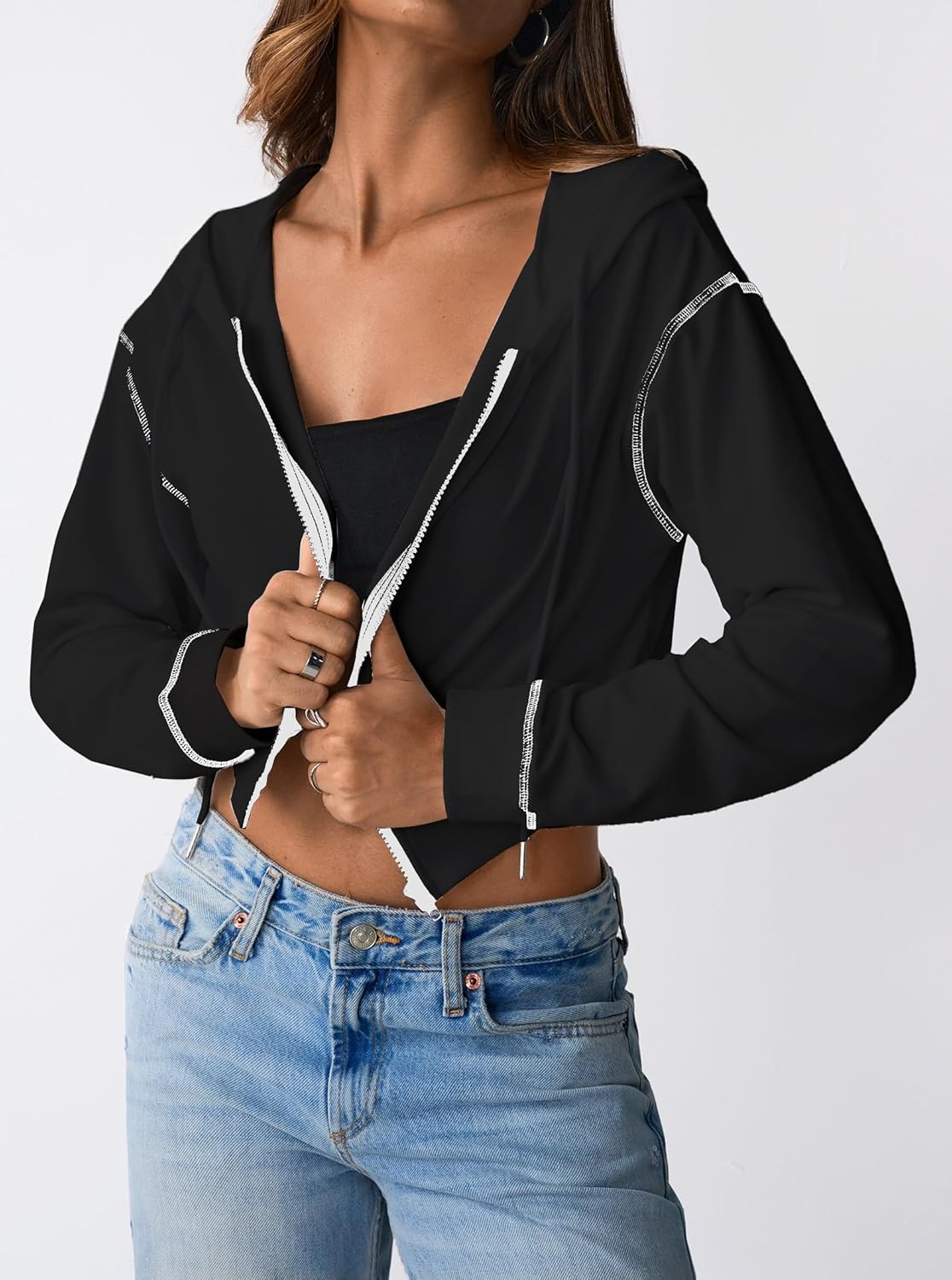 Remidoo Women's Zip Up Hoodie Cropped Sweatshirt Casual Contrast Trim Long Sleeve Tops - Image 4
