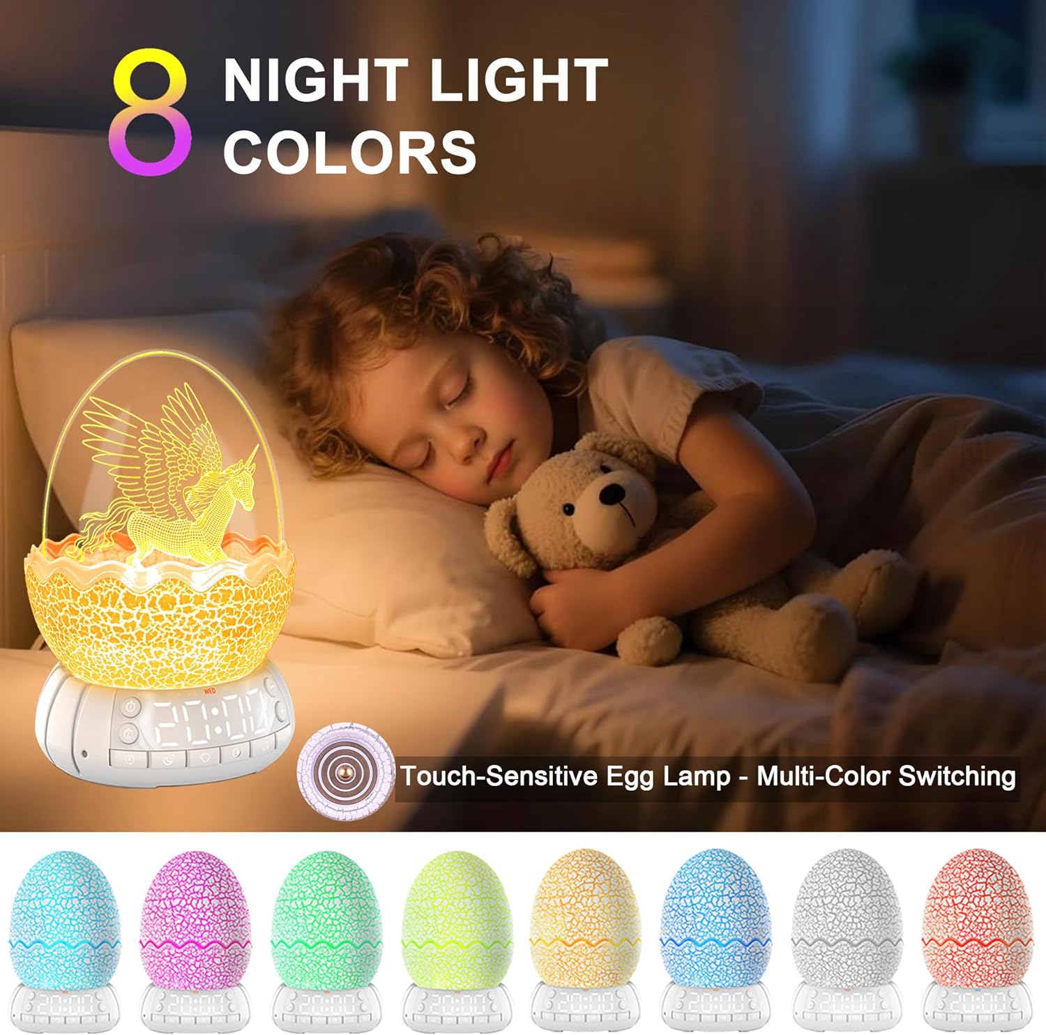 Unicorn Night Light for Kids with 20 Soothing Sounds & Bluetooth Speaker, Unicorn Digital Clock with 8 Color Changing & Dimmable Features, Timer Function, Ideal Birthday Gift for Girls/Family/Friends