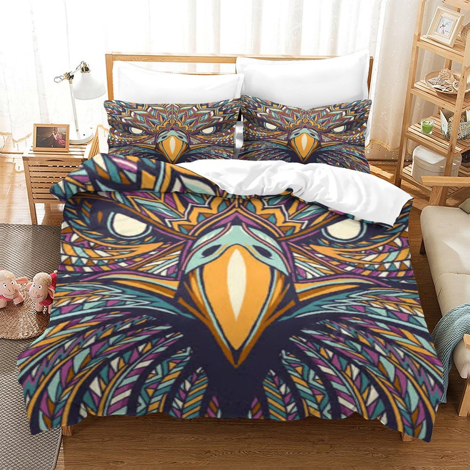 XHSMSHWY Eagles Quilt Cover 3D Print Patterned Bird Comforter Covers for Teens And Adults Duvet Cover with Pillow Cases Soft Microfiber Bedding Set with Zipper Closure 3 Pieces Single（140x200cm）