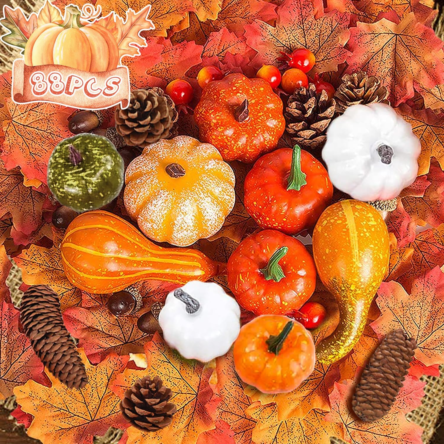 88 PCS Artificial Pumpkin Autumn Decoration Set for Thanksgiving, Fall, Halloween - Home, Table Decor, Seasonal Holiday Decorations