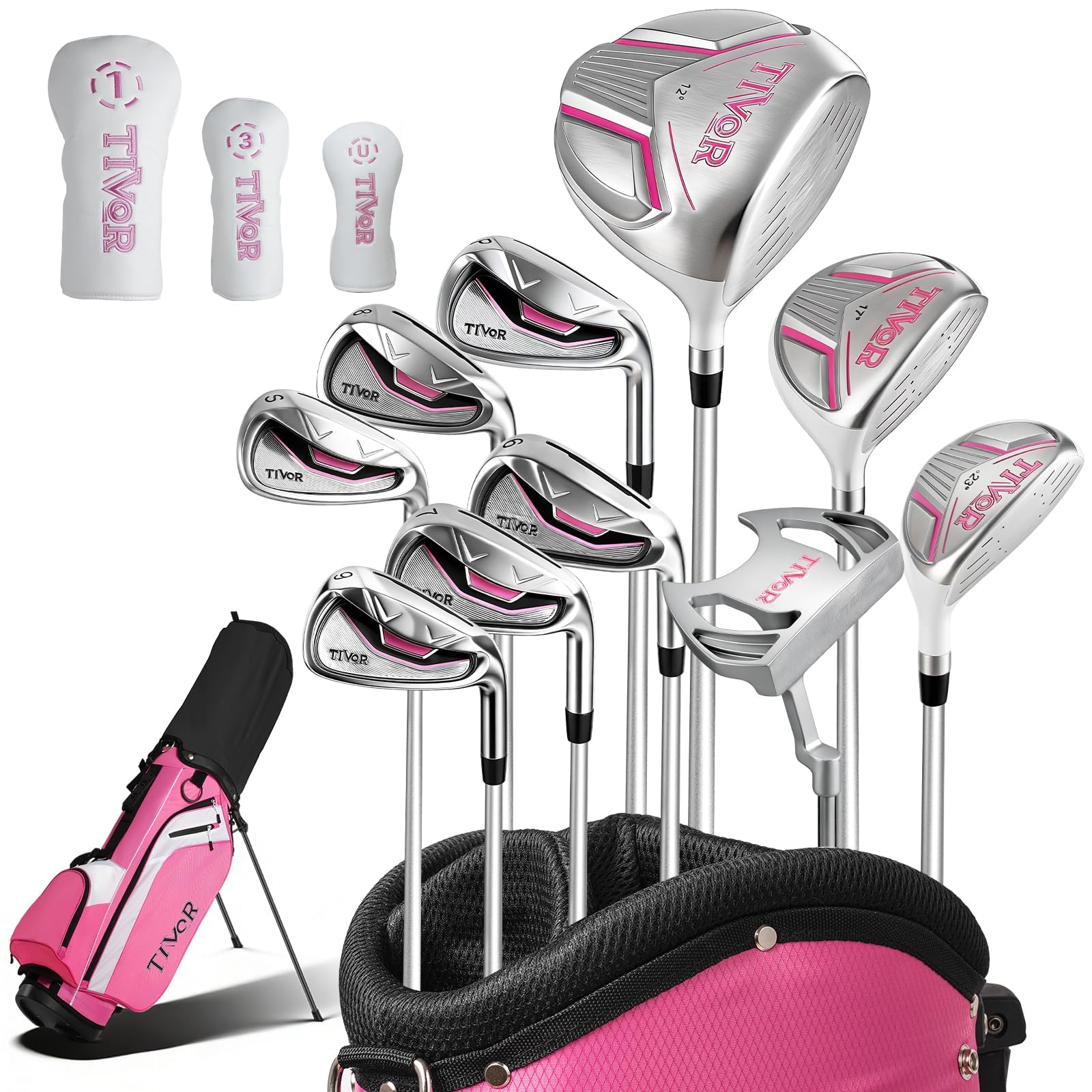 Golf Clubs Set Complete 14-Piece with Driver Fairway Hybrid Irons Putter Stand Bag & 3 Headcovers for Women Men Right Left Handed - Beginner Golf Sets Pink Black