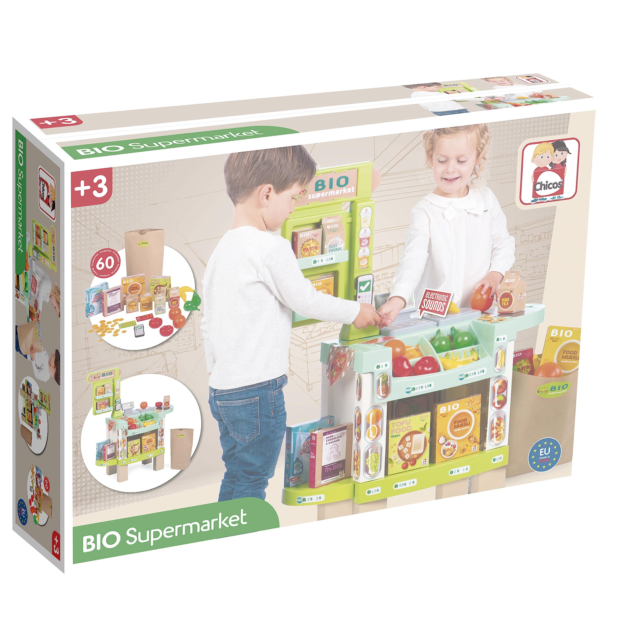 Chicos - Bio Supermarket Tienda de Juguete con Sonidos y 20 Accesorios: Fruta, Verdura, Tarjetas de Crédito para Pagar, un Datáfono y 47 Monedas, para Niños y Niñas A Partir de 3 Años (84110)