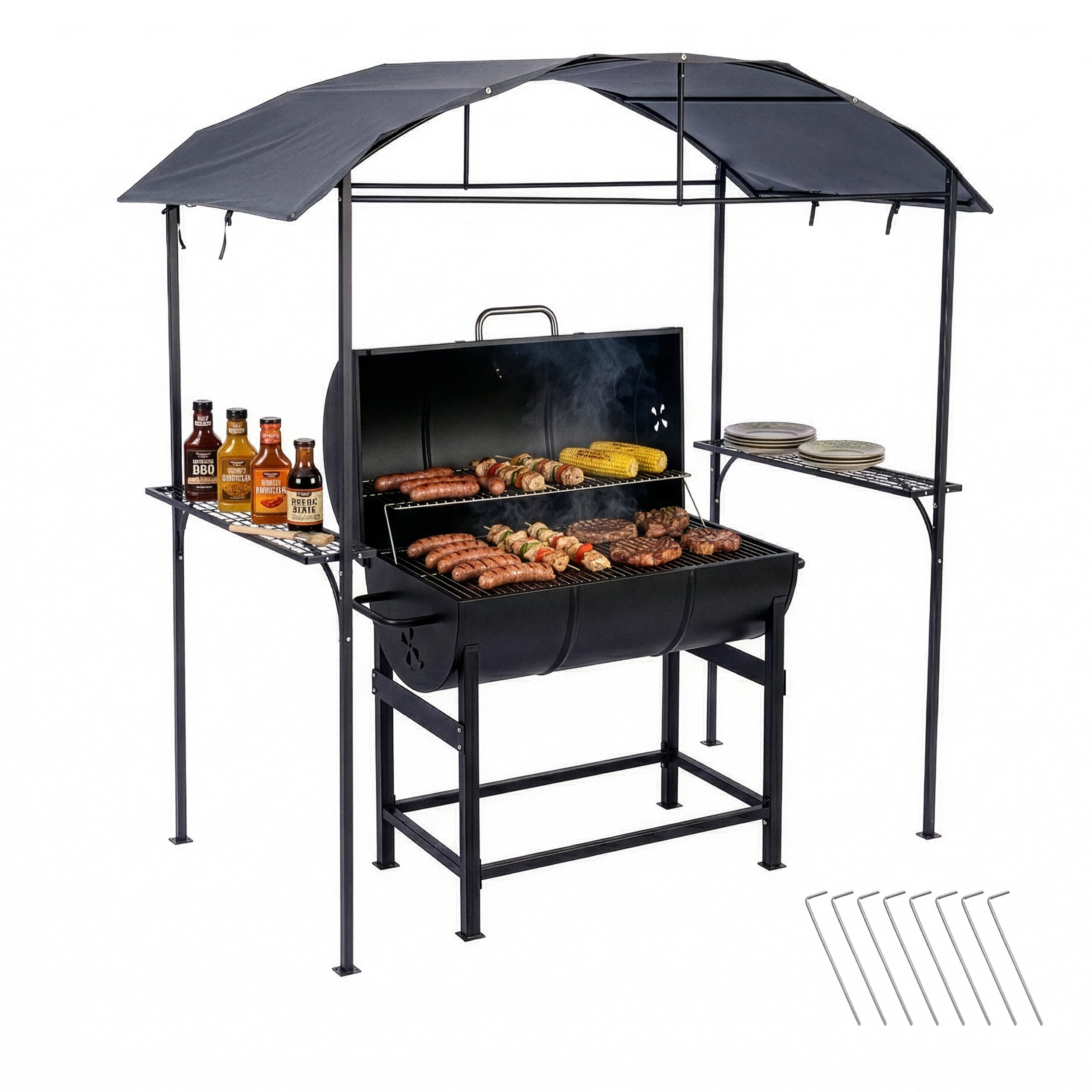 Pavillon Barbecue Relaxdays - HxLxP 230×210×116 cm, étagères latérales, Acier/Polyester, Jardin, Anthracite