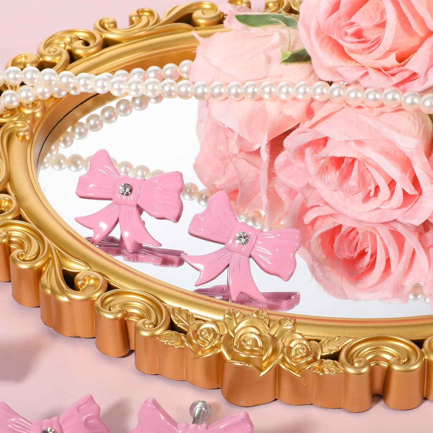 8 Pcs Pink Metal Bow Drawer Pulls, Zinc Alloy Decorative Drawer Pull with Screws Cute Vintage Dressers Handles for Bedroom, Desk, Wardrobe, Cupboard, Dresser Decor