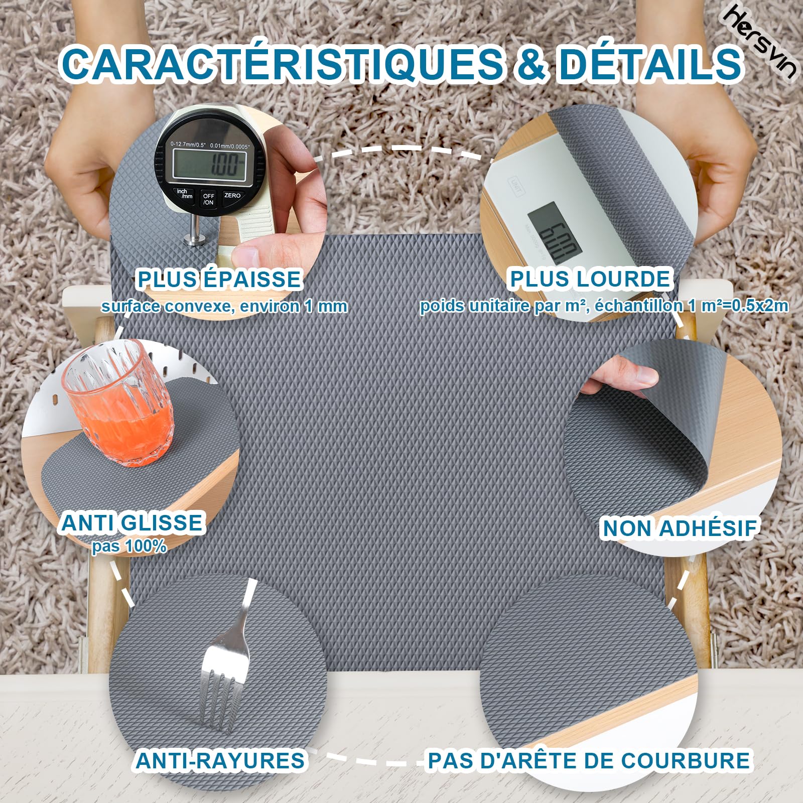 Hersvin 50cmx600cm Tapis Fond de Tiroir Epaissie Antiderapant Non-adhésif, DIY Tapis de Placard Etagere Cuisine, EVA Plastique Protection pour Meuble (Gris Gros Diamant)