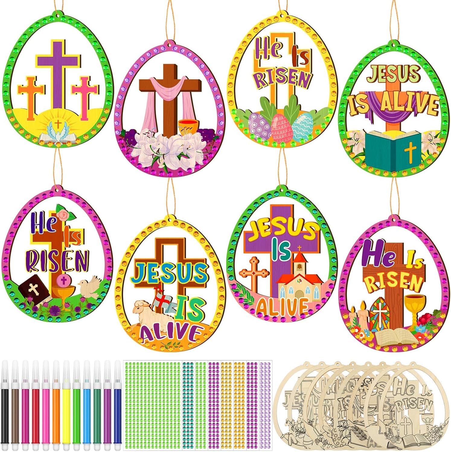 Wovnet 48 Pcs Religious Easter Craft Kit Christian Cross Easter Egg to Paint Jesus is Risen DIY Blank Unfinished Slices Wooden Egg Ornaments Hanging Decor with Gem Sticker Drawing Pen Party Supplies