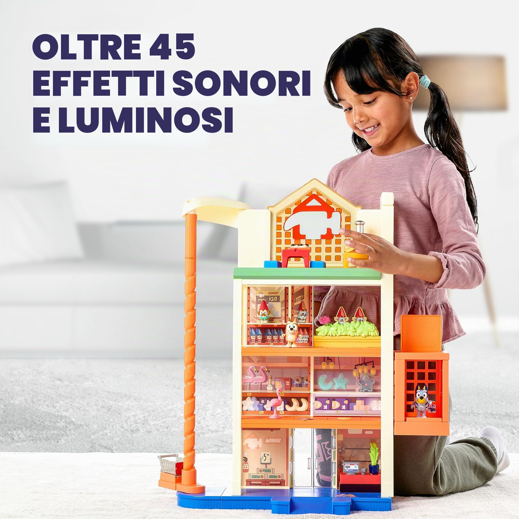 Bluey Hammerbarn - Mega set da gioco per centro commerciale, 4 livelli, altezza 55,9 cm, con sollevatore di lavoro e ritorno del carrello, luci e 45+ suoni, 3 figure, 15 accessori, più veicolo