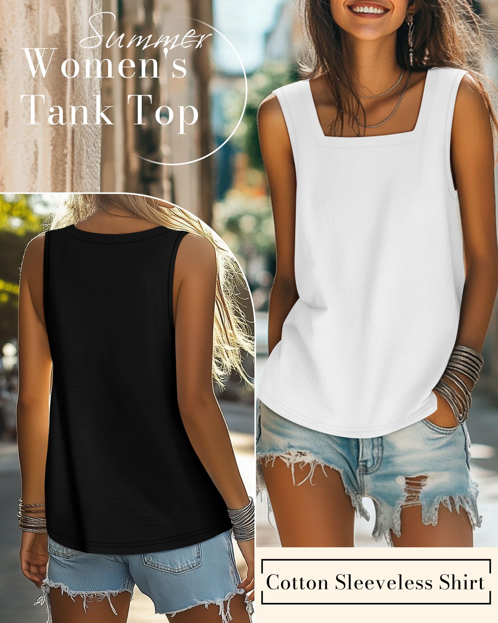Paquete de 3 Camisetas sin Mangas para Mujer Verano Camisetas Casuales de Corte Holgado y Cuello Cuadrado