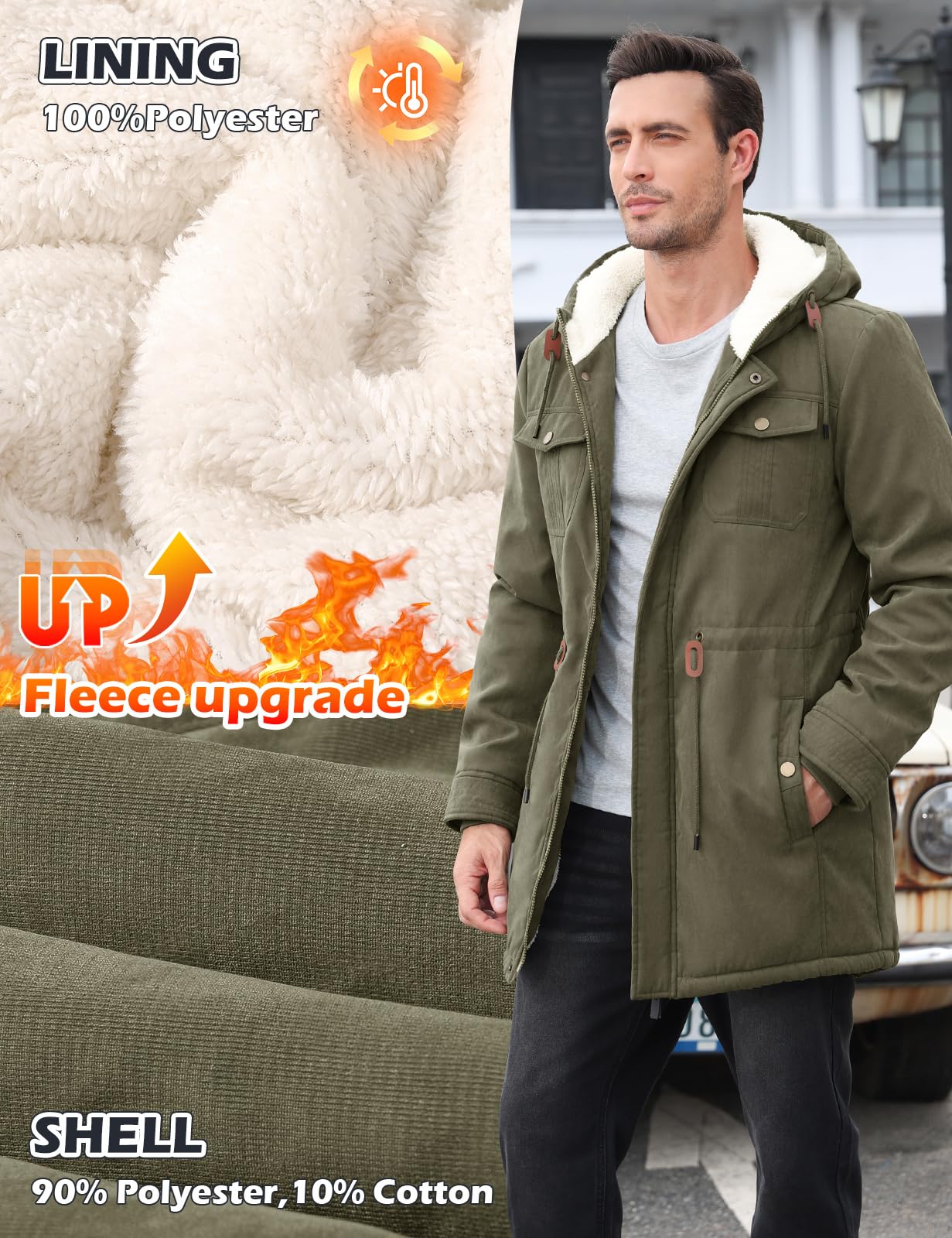 Vijamiy Parka Uomo Invernale Giubbotto Foderato in Pile Antivento e Caldo Cappotti Lungo Giacca con Cappuccio Giacconi Multitasche alla Moda